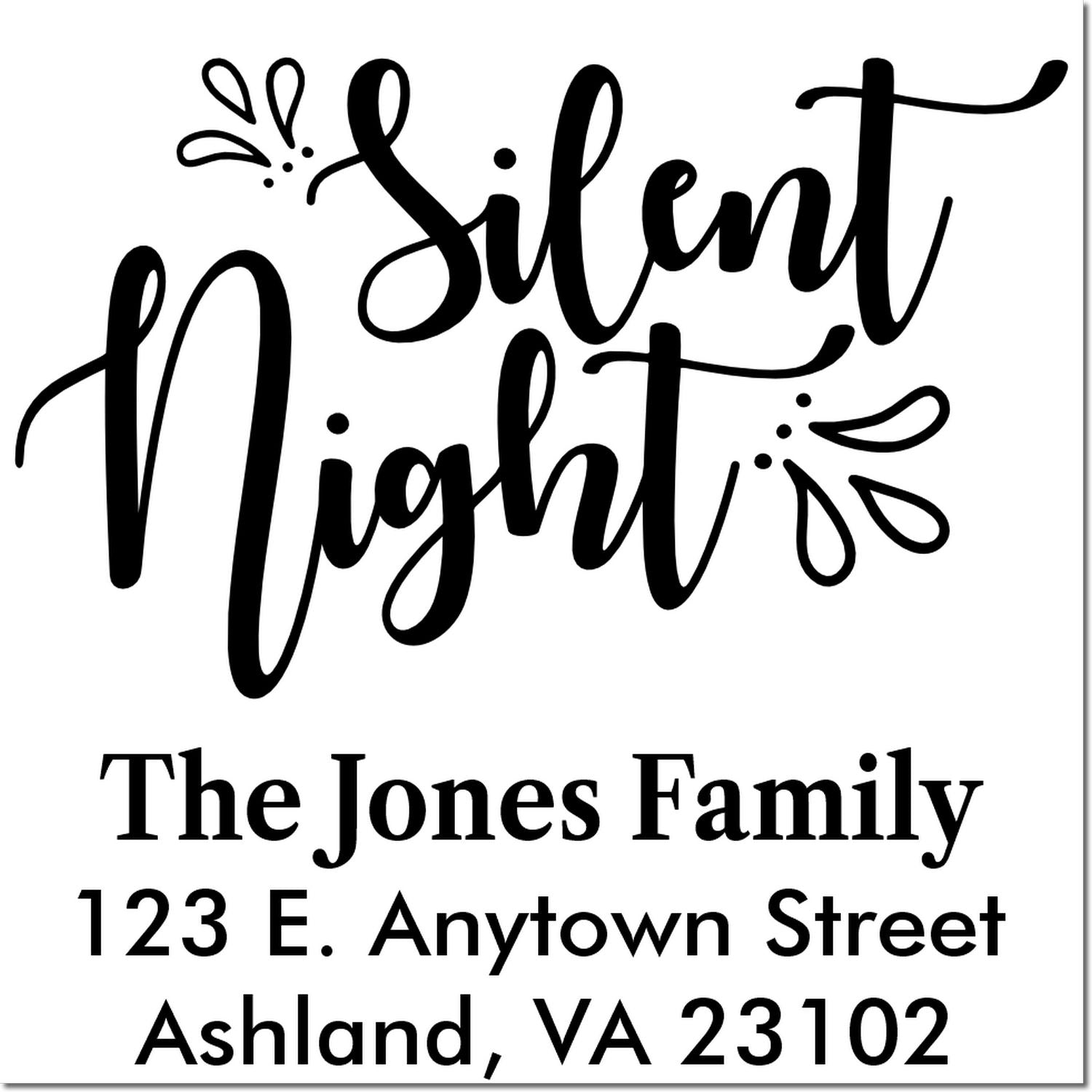 Silent Night custom rubber stamp with family name and return address for holiday cards, envelopes, and Christmas mailings.