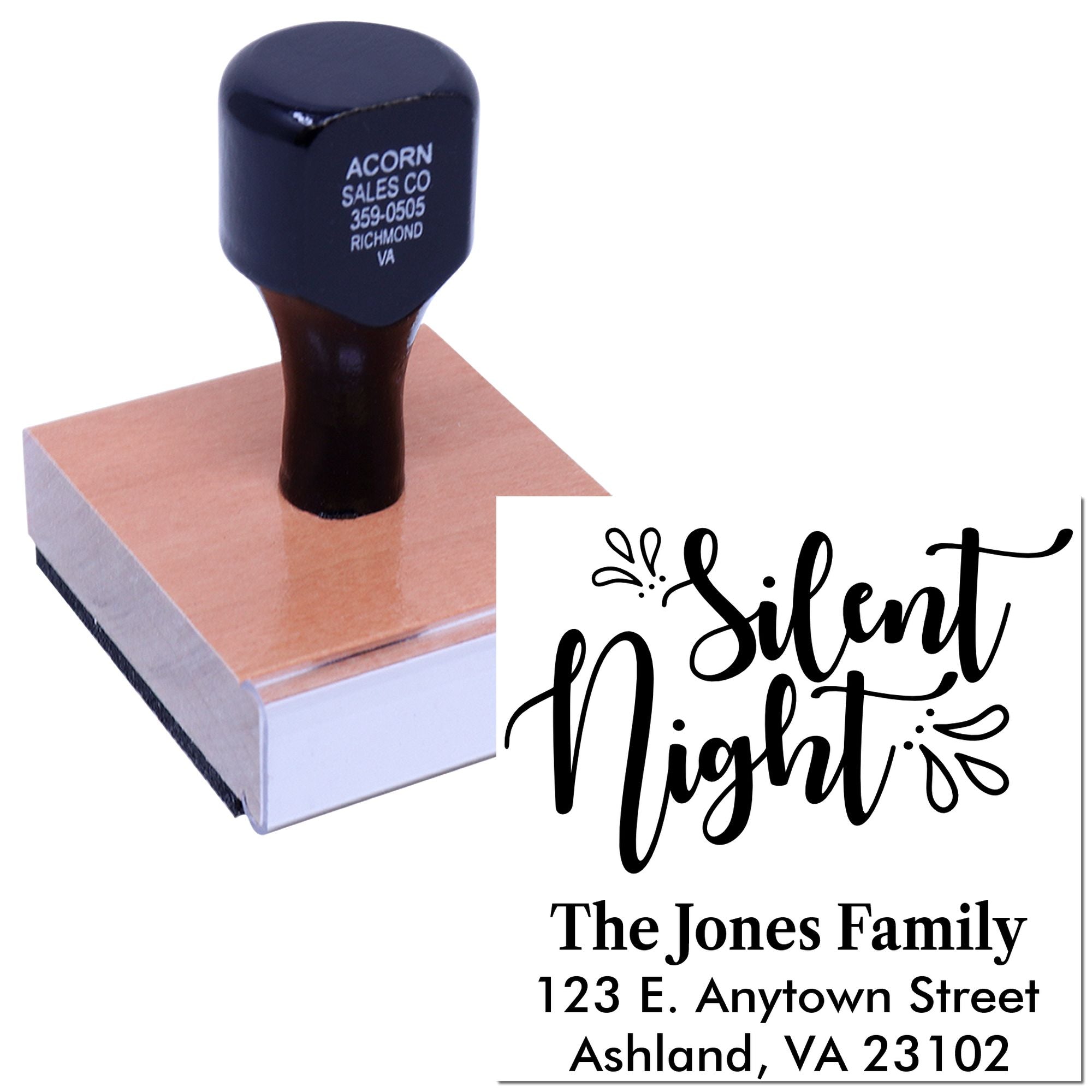 Custom Silent Night holiday address rubber stamp for Christmas cards, with family name and mailing address.