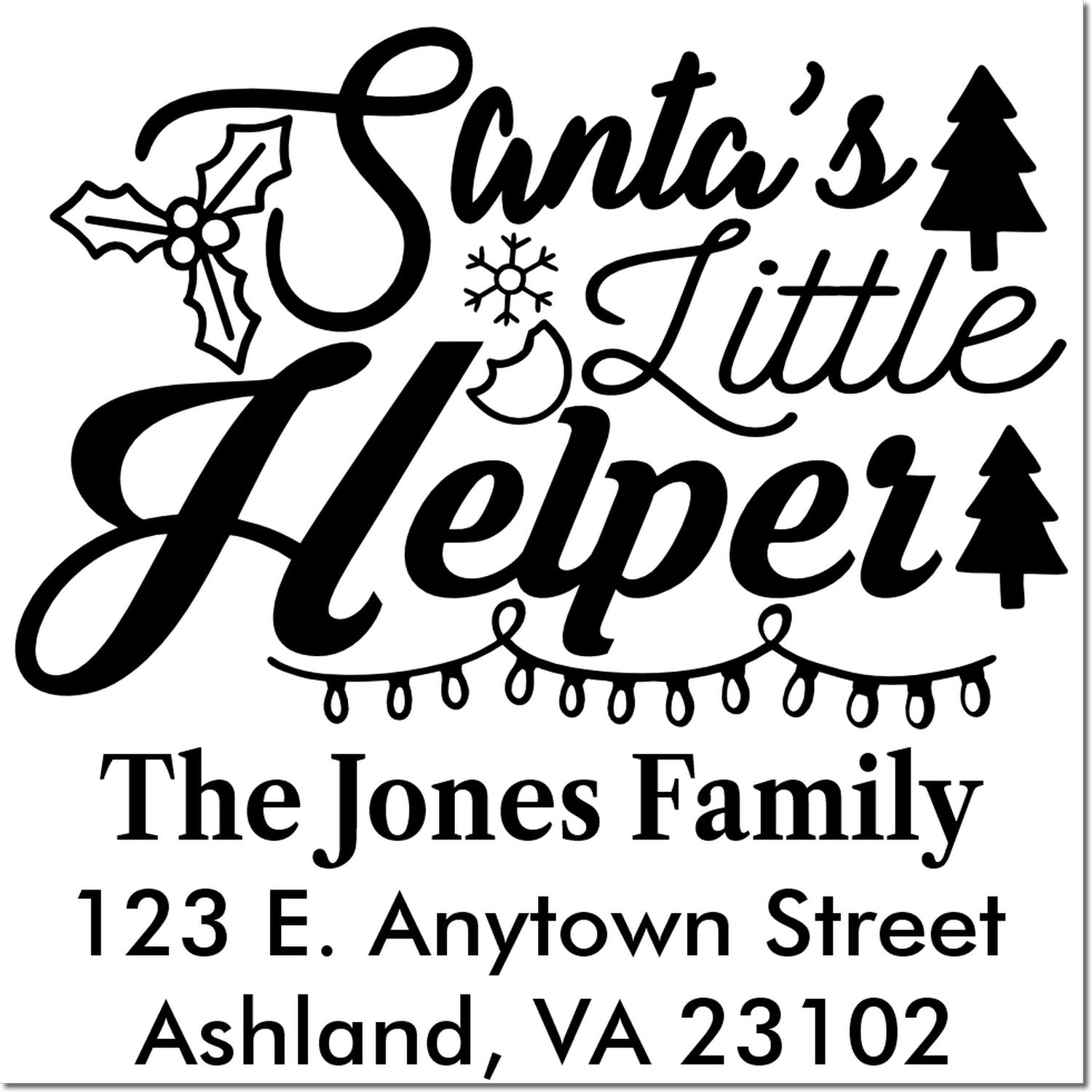 Custom Santas Little Helper holiday return address rubber stamp for The Jones Family, Ashland, VA 23102.