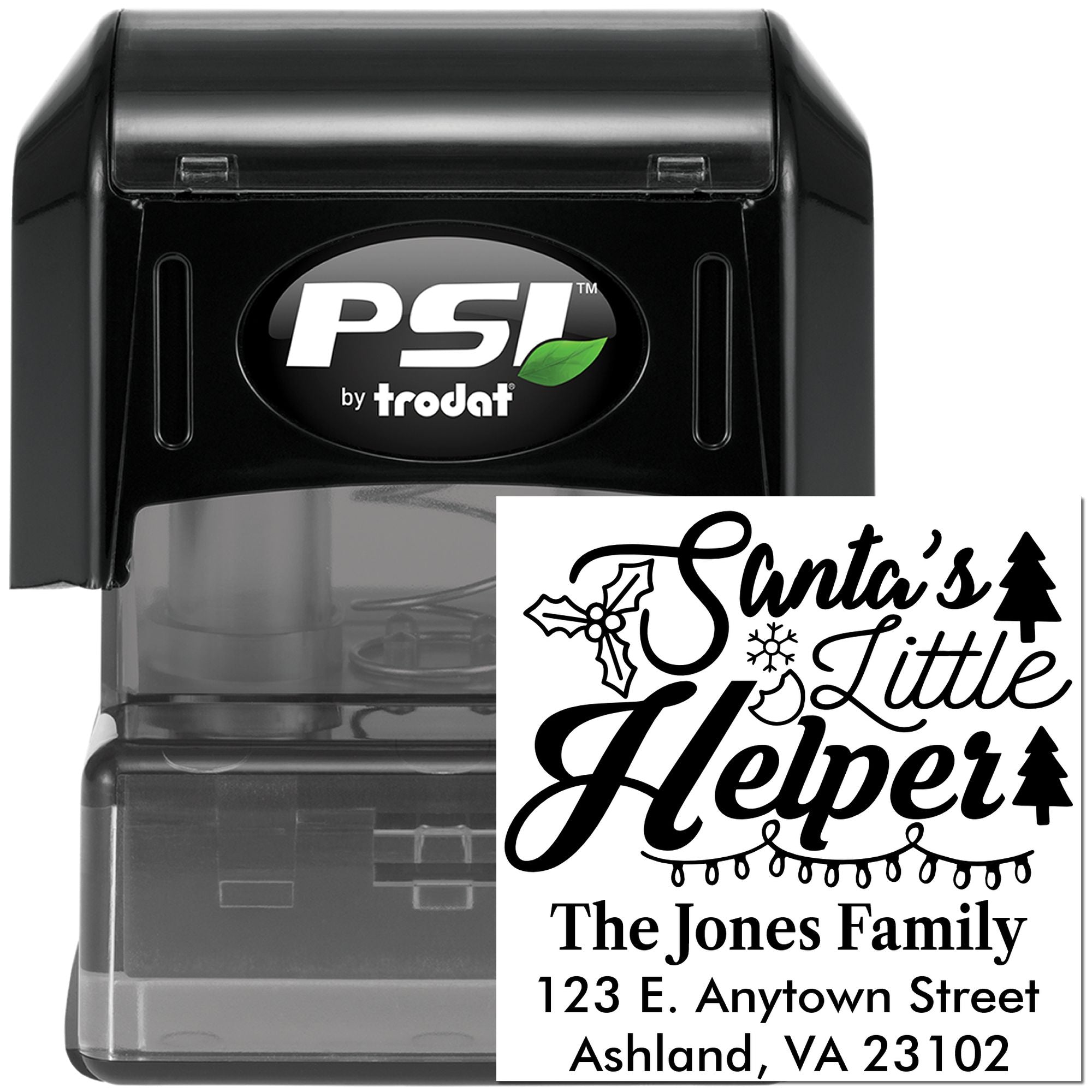 Custom self-inking rubber stamp with holiday return address design for The Jones Family, Santa's Little Helper.