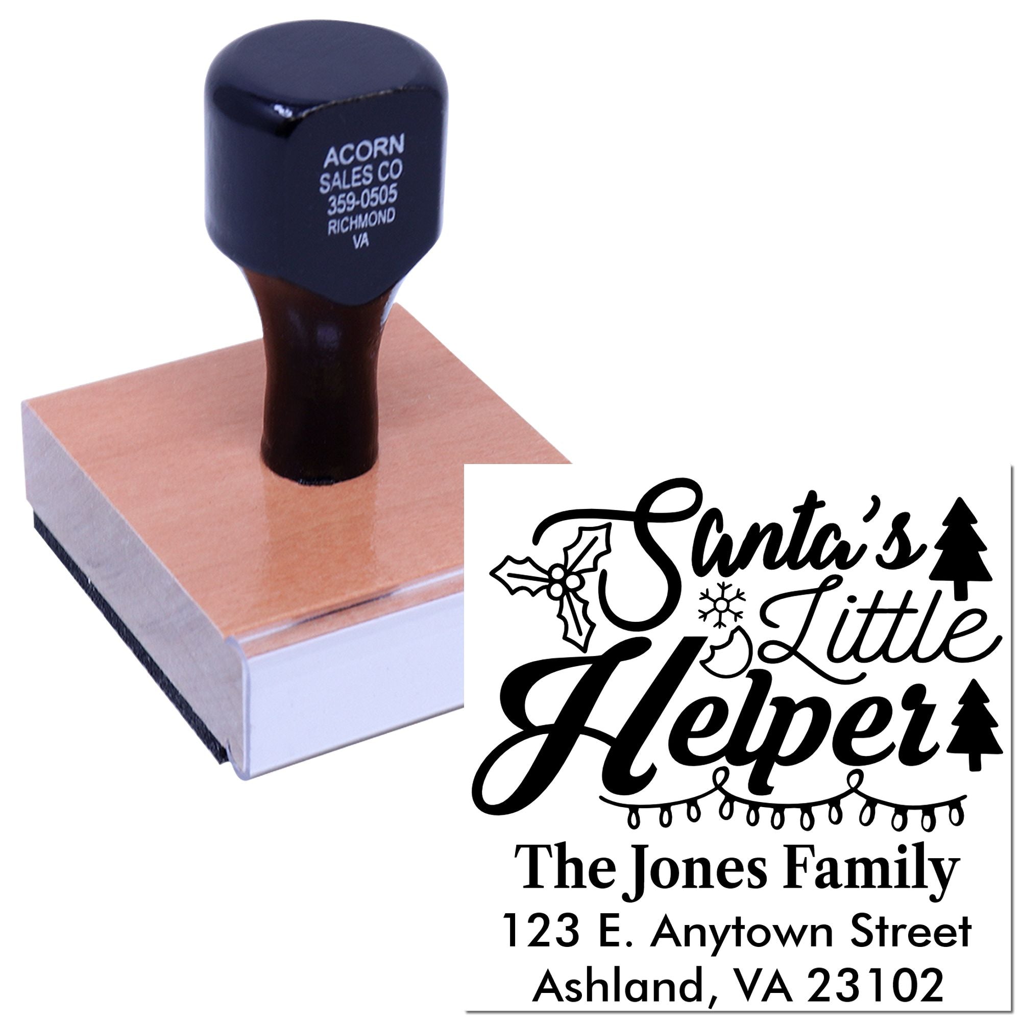 Personalized holiday address rubber stamp with Santas Little Helper design for custom family mail and Christmas cards.