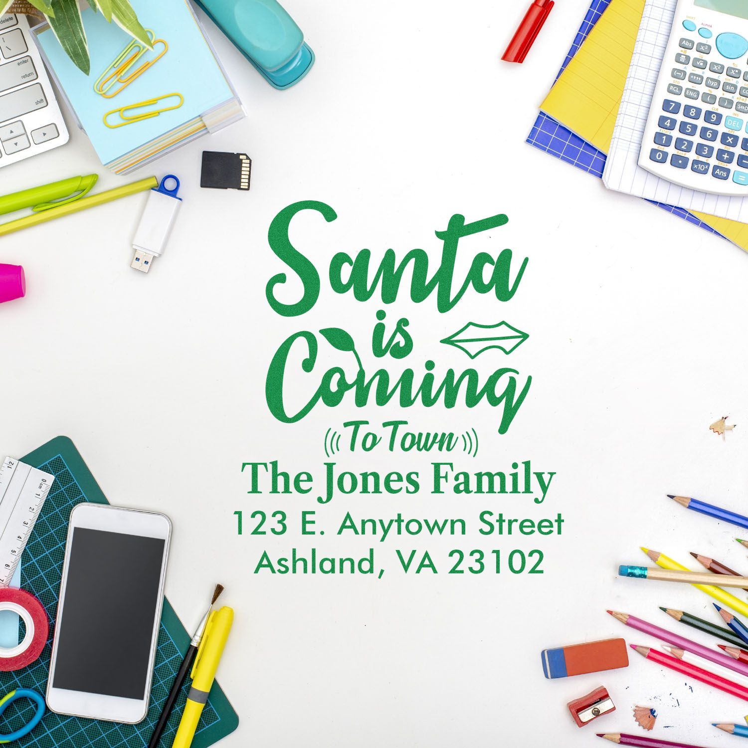 Personalized Christmas return address rubber stamp with Santa is Coming to Town for The Jones Family address.