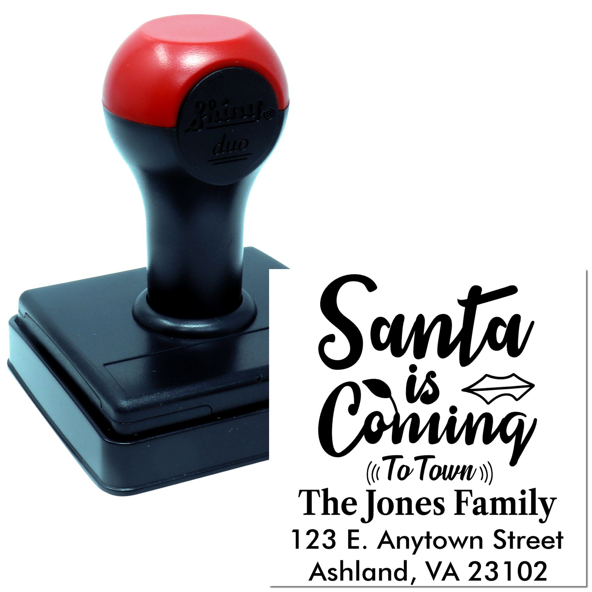 Custom self-inking rubber stamp with Santa is Coming to Town design and return address for holiday mailings