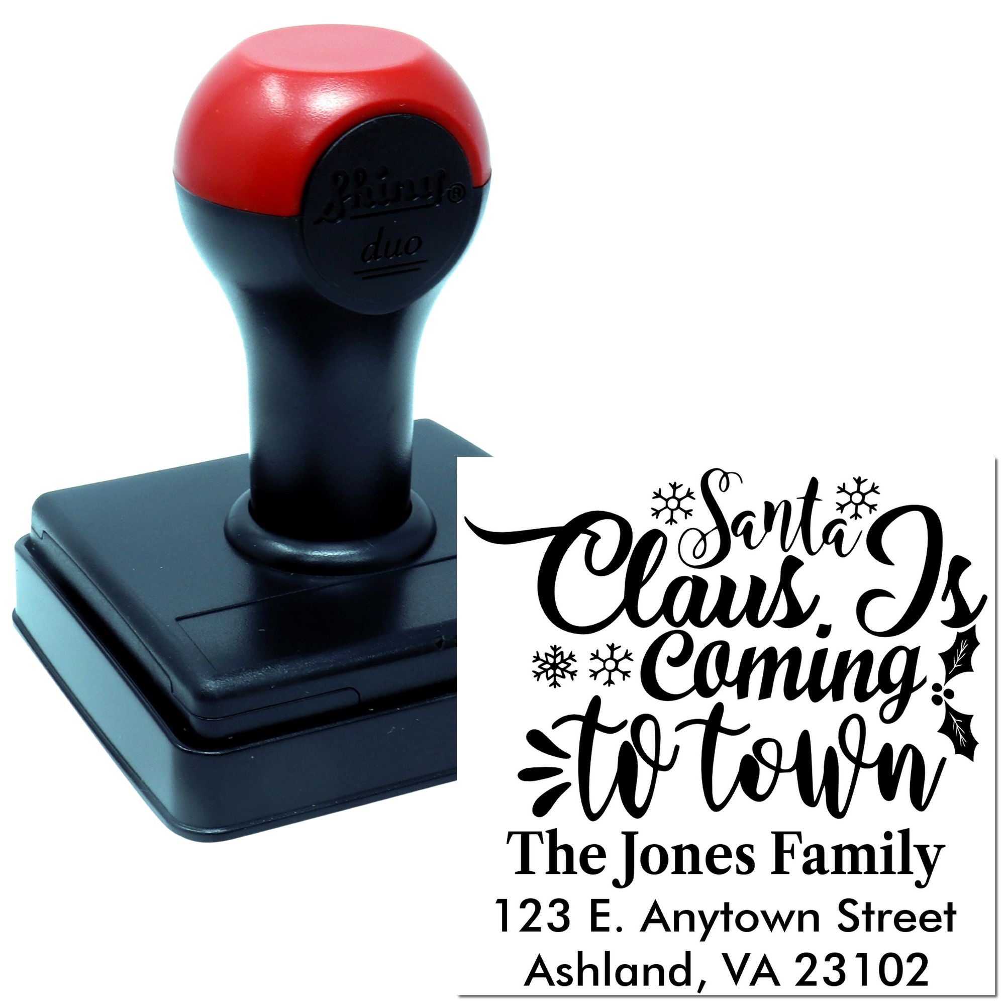 Custom self-inking rubber stamp with Santa Claus Is Coming to Town holiday address design for Christmas cards and gift tags.