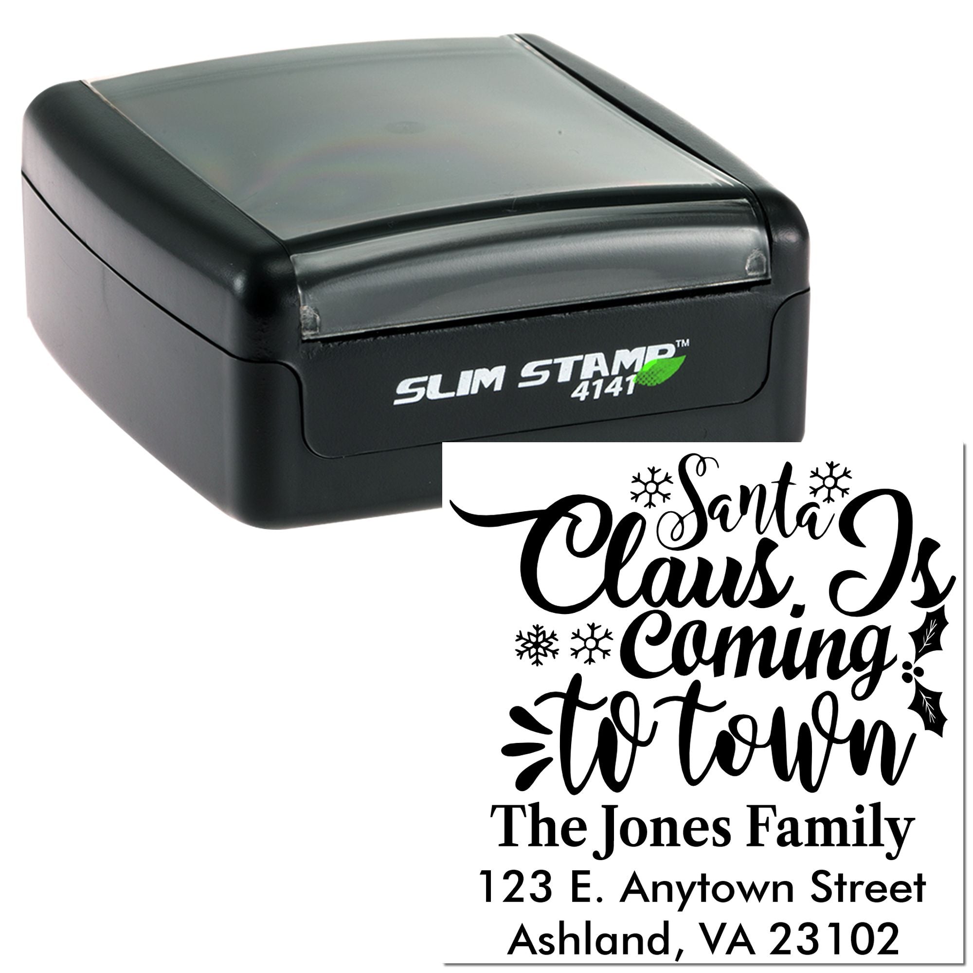 Custom self-inking rubber stamp with Santa Claus Is Coming to Town return address design for The Jones Family.
