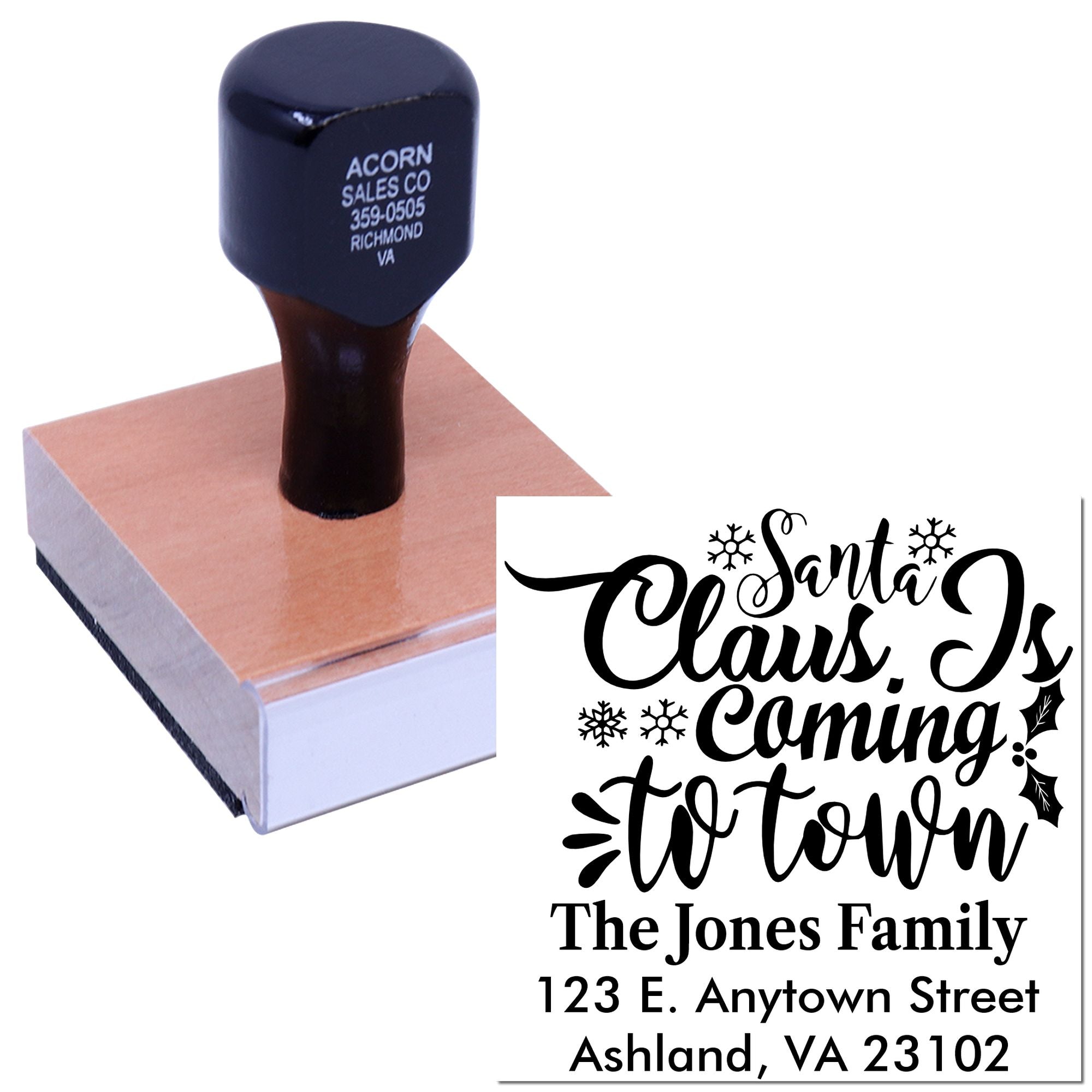 Personalized holiday rubber stamp with Santa Claus is Coming to Town and custom family address.