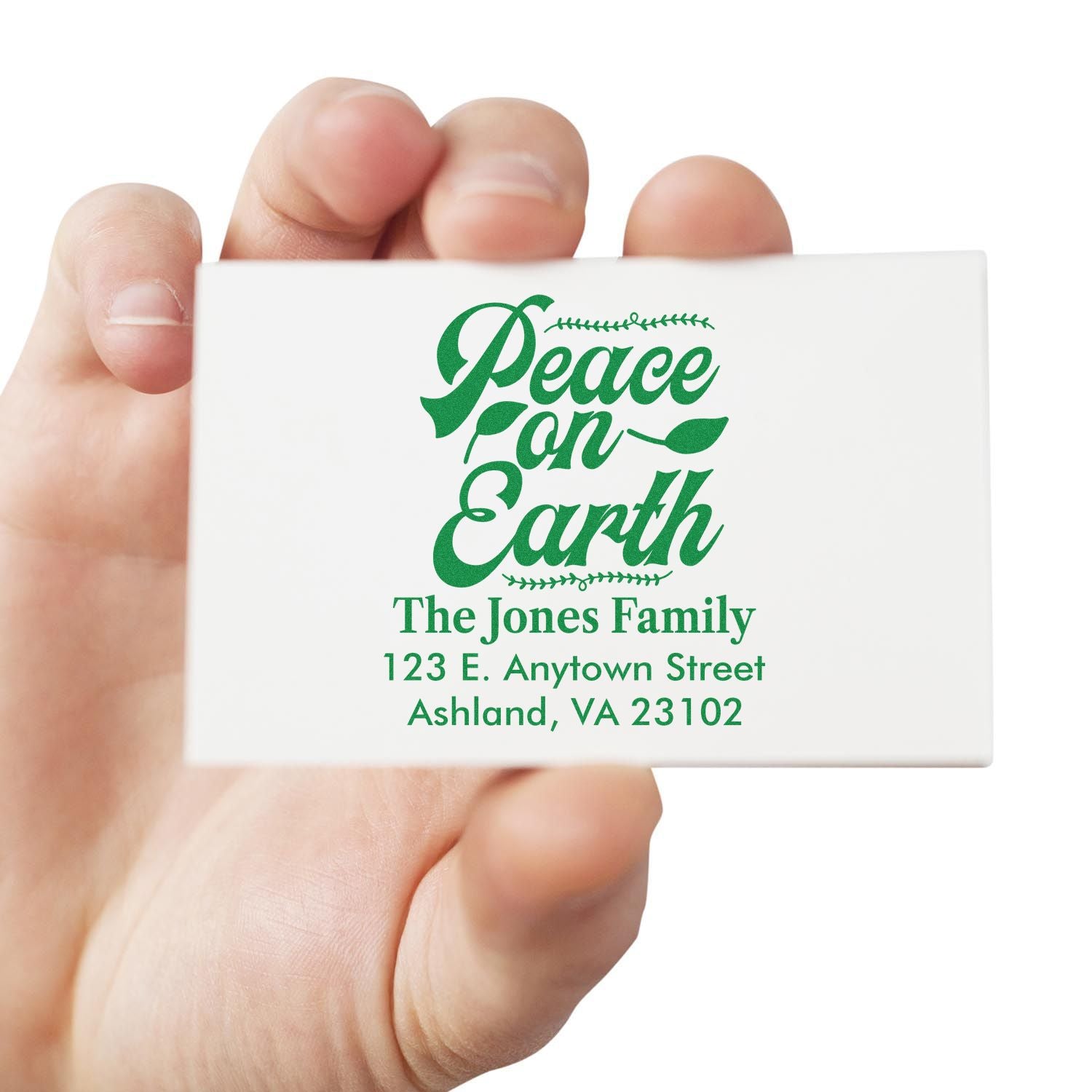 Personalized return address rubber stamp with Peace on Earth design, ideal for holiday cards, envelopes, and eco-friendly mailing.