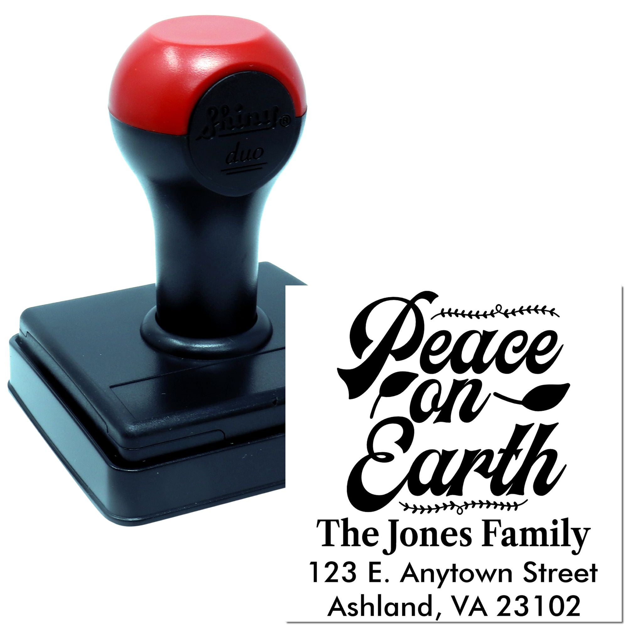Custom self-inking rubber stamp with Peace on Earth return address design for holiday cards and envelopes.