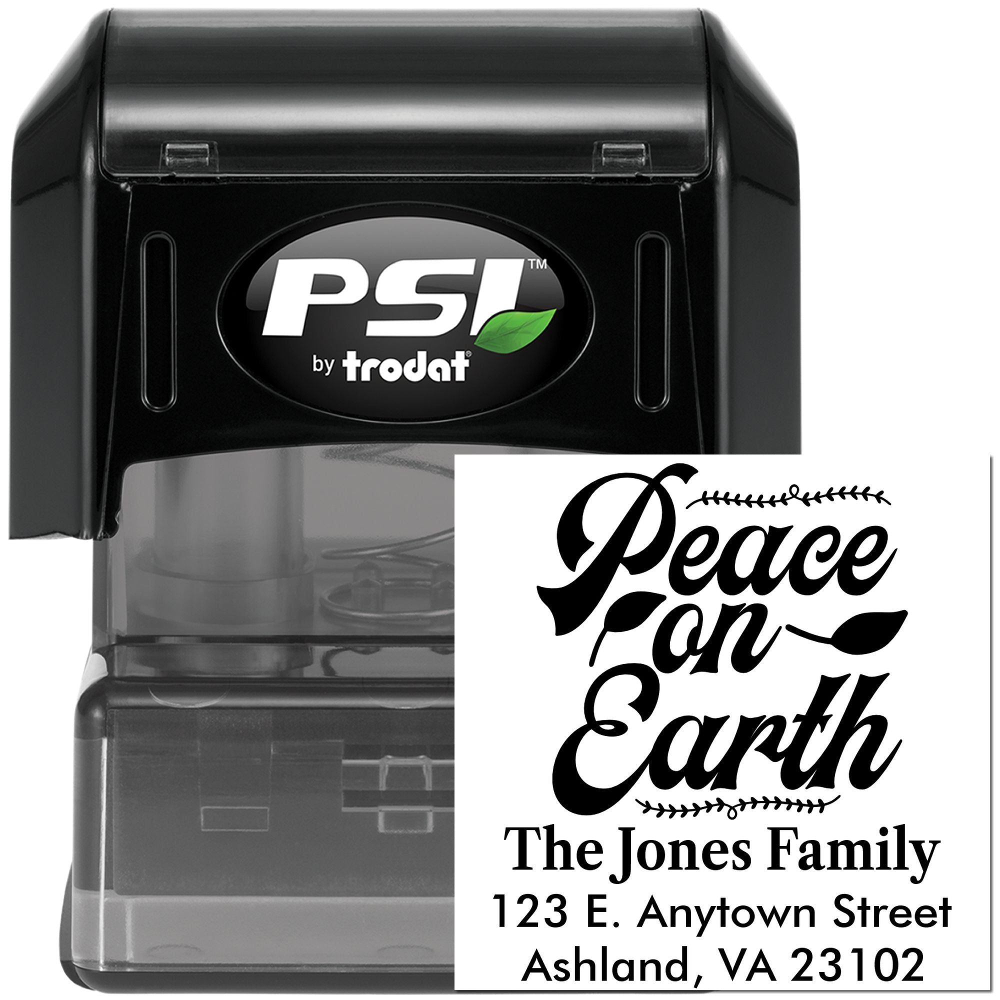 Custom self-inking address rubber stamp with Peace on Earth family design by PSI Trodat.