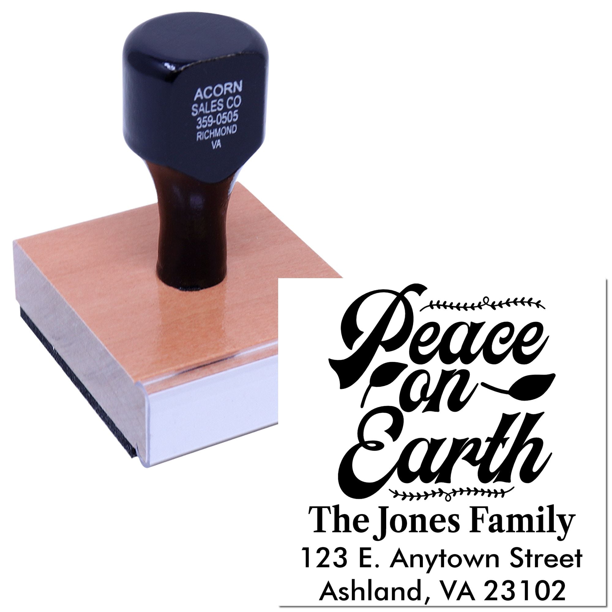 Custom personalized rubber stamp with Peace on Earth design and family address for holiday cards.