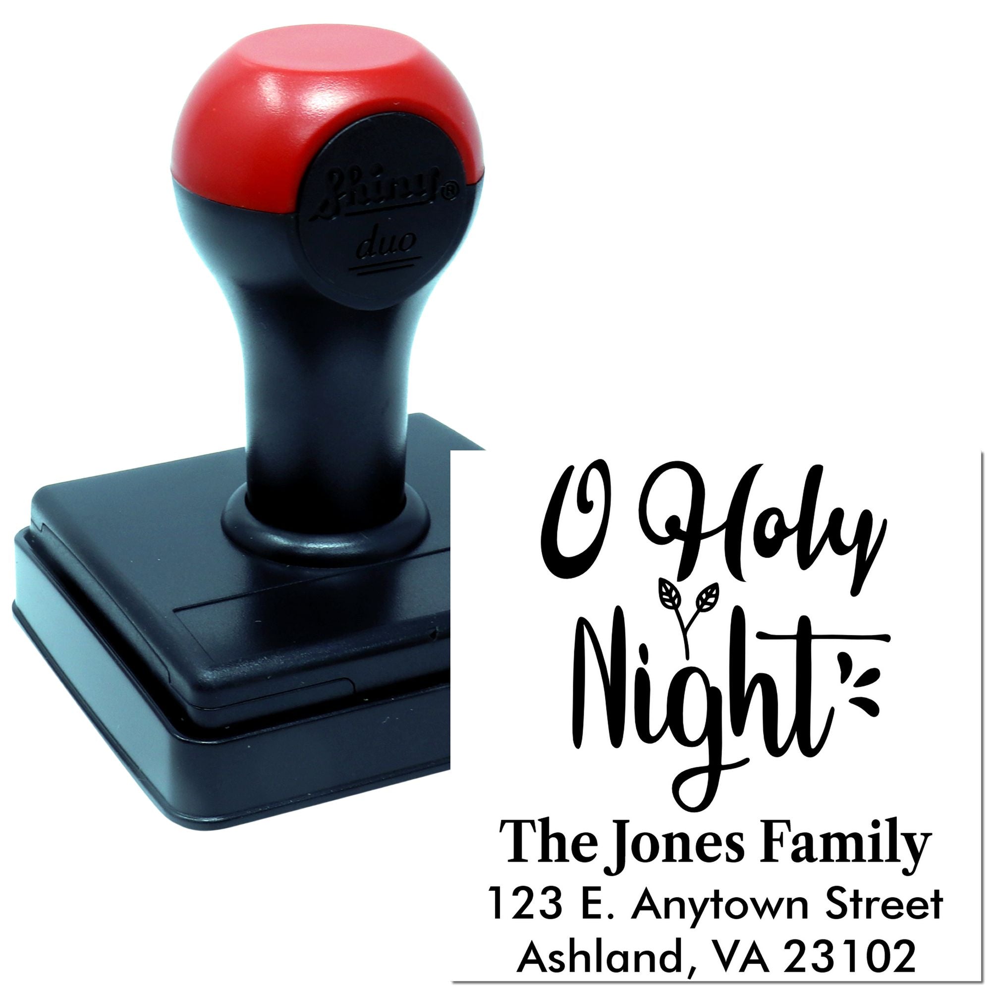 Custom self-inking rubber stamp with O Holy Night holiday address design for The Jones Family, Ashland VA.