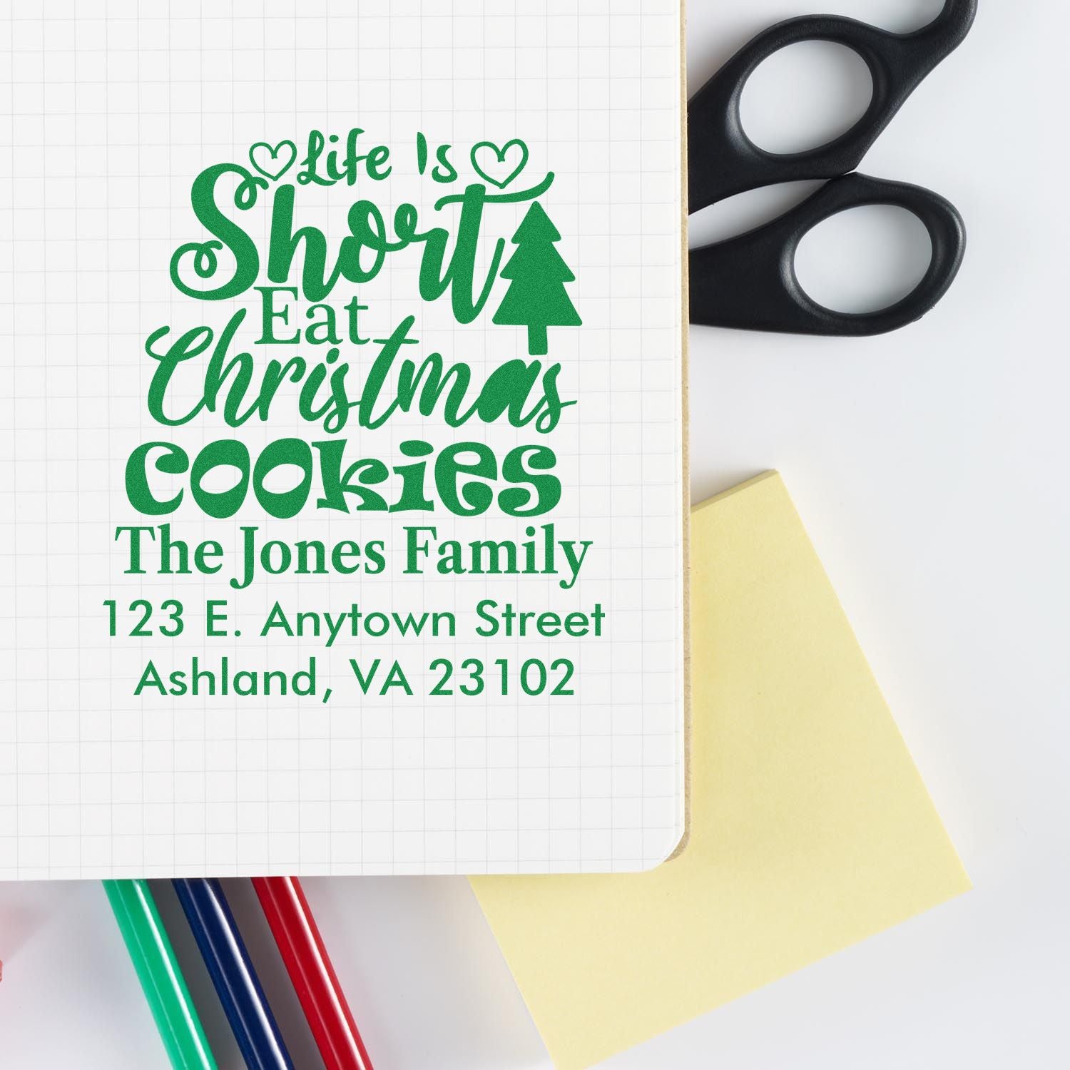 Personalized Christmas return address rubber stamp with Life Is Short Eat Christmas Cookies design for holiday envelopes.
