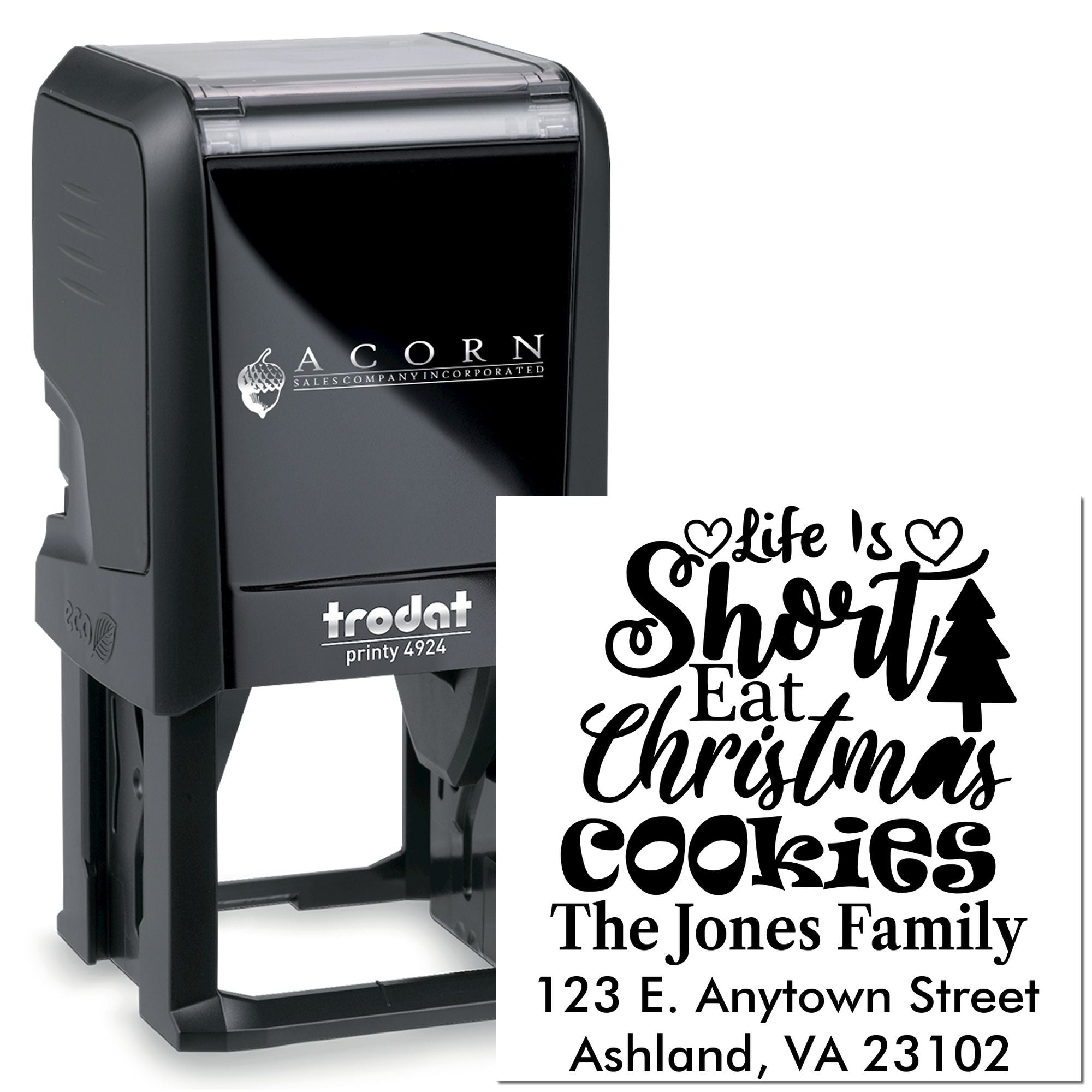 Custom self-inking rubber stamp with Christmas cookie design and return address for holiday baking, packaging, and gifting.