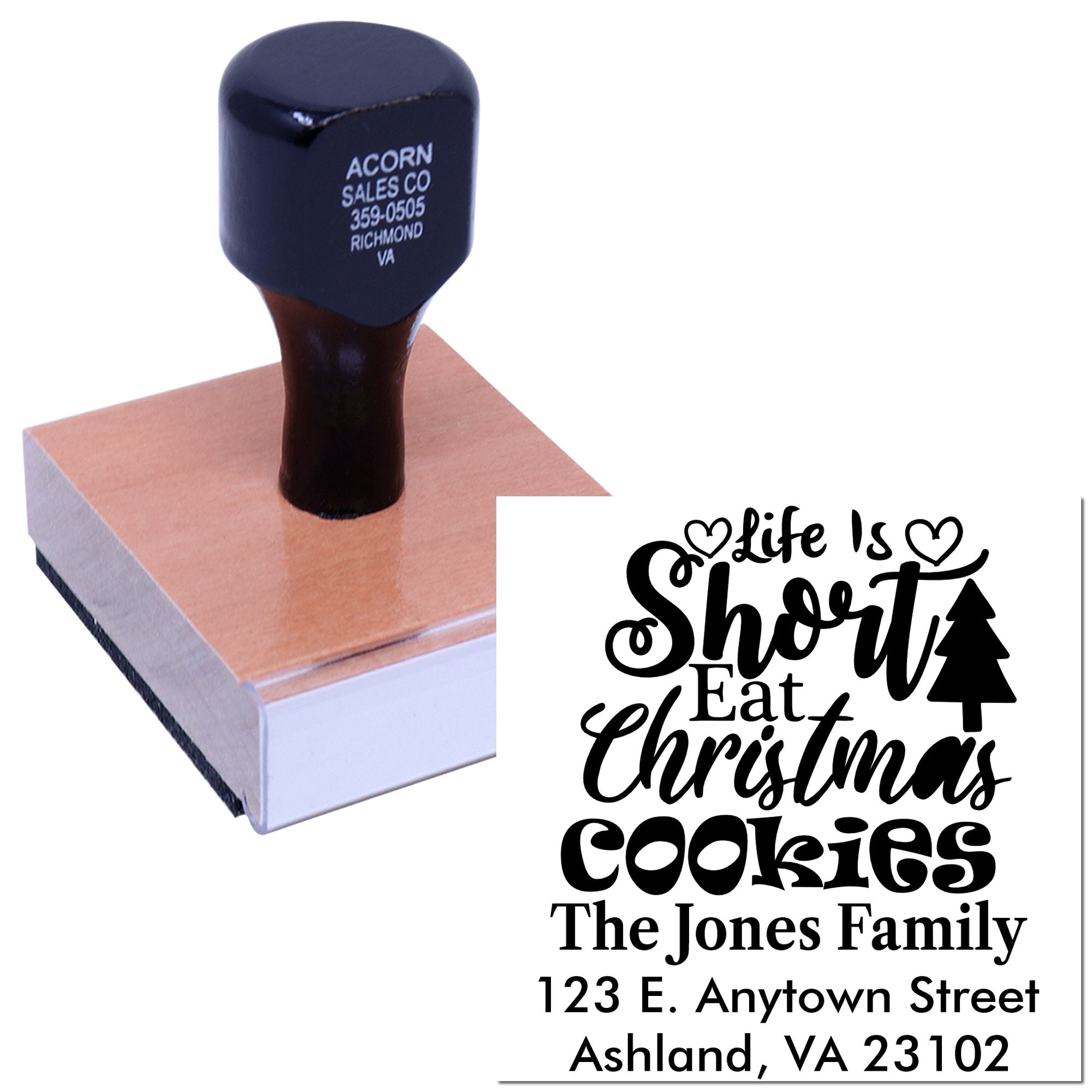 Custom holiday rubber stamp with Life Is Short Eat Christmas Cookies design and family address for festive cards.