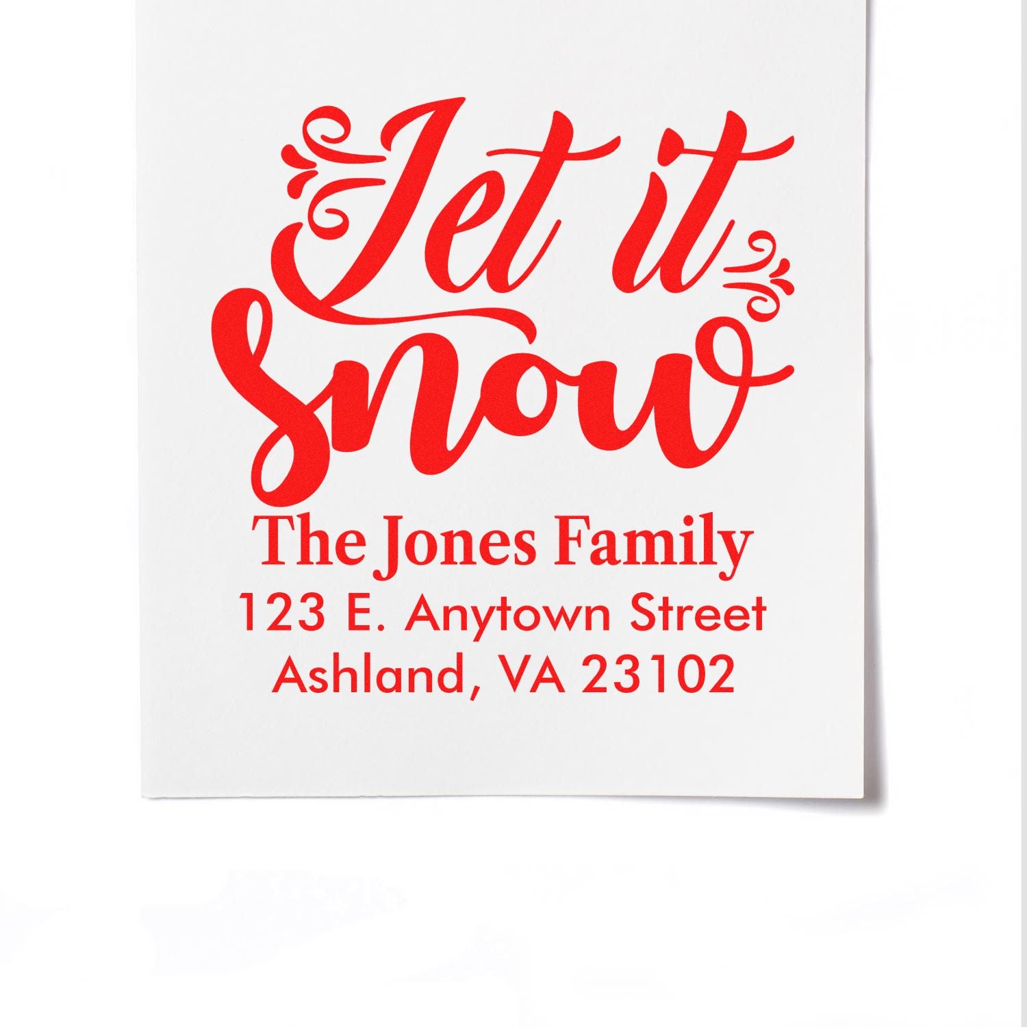 Personalized Let It Snow return address rubber stamp for The Jones Family, perfect for holiday cards and envelopes.