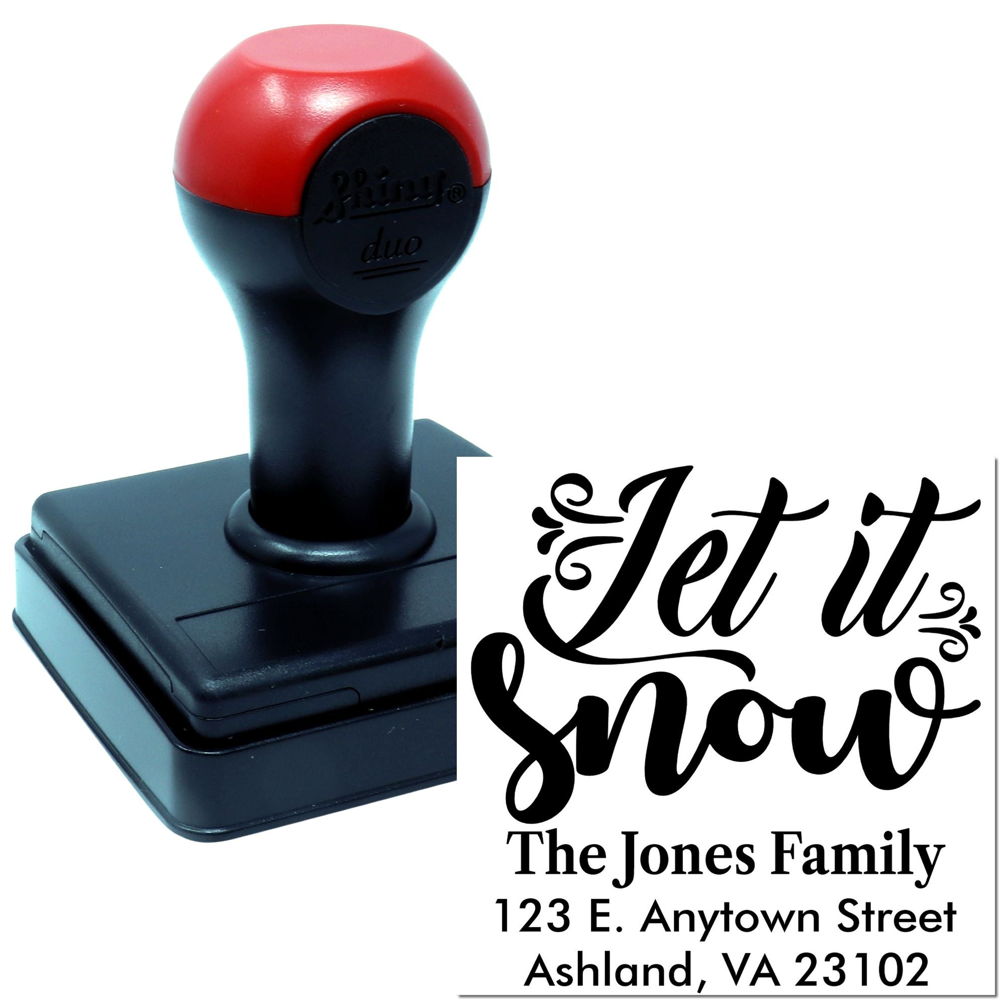 Custom self-inking rubber stamp with Let it Snow design and family address for holiday cards, stationery, and mailings.