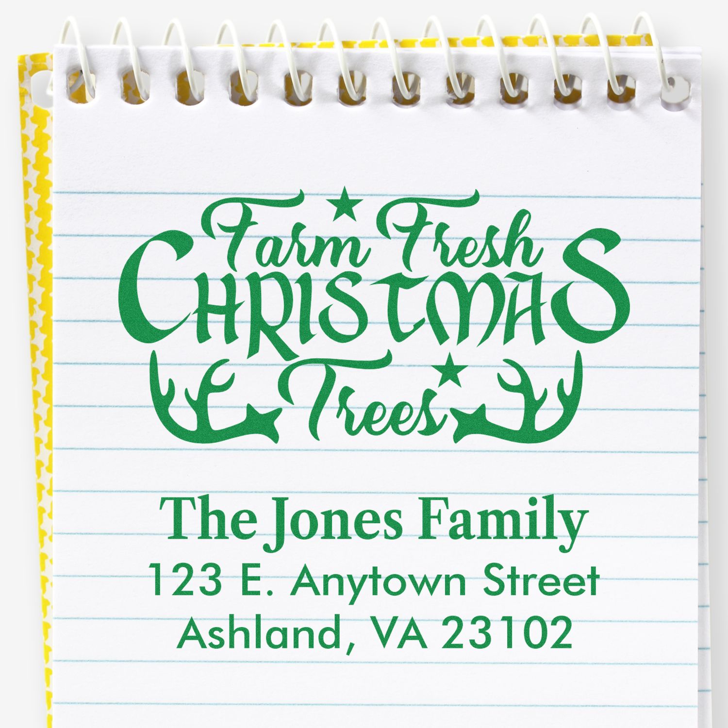 Farm Fresh Christmas Trees custom rubber stamp with family name and address, green holiday address stamp design.