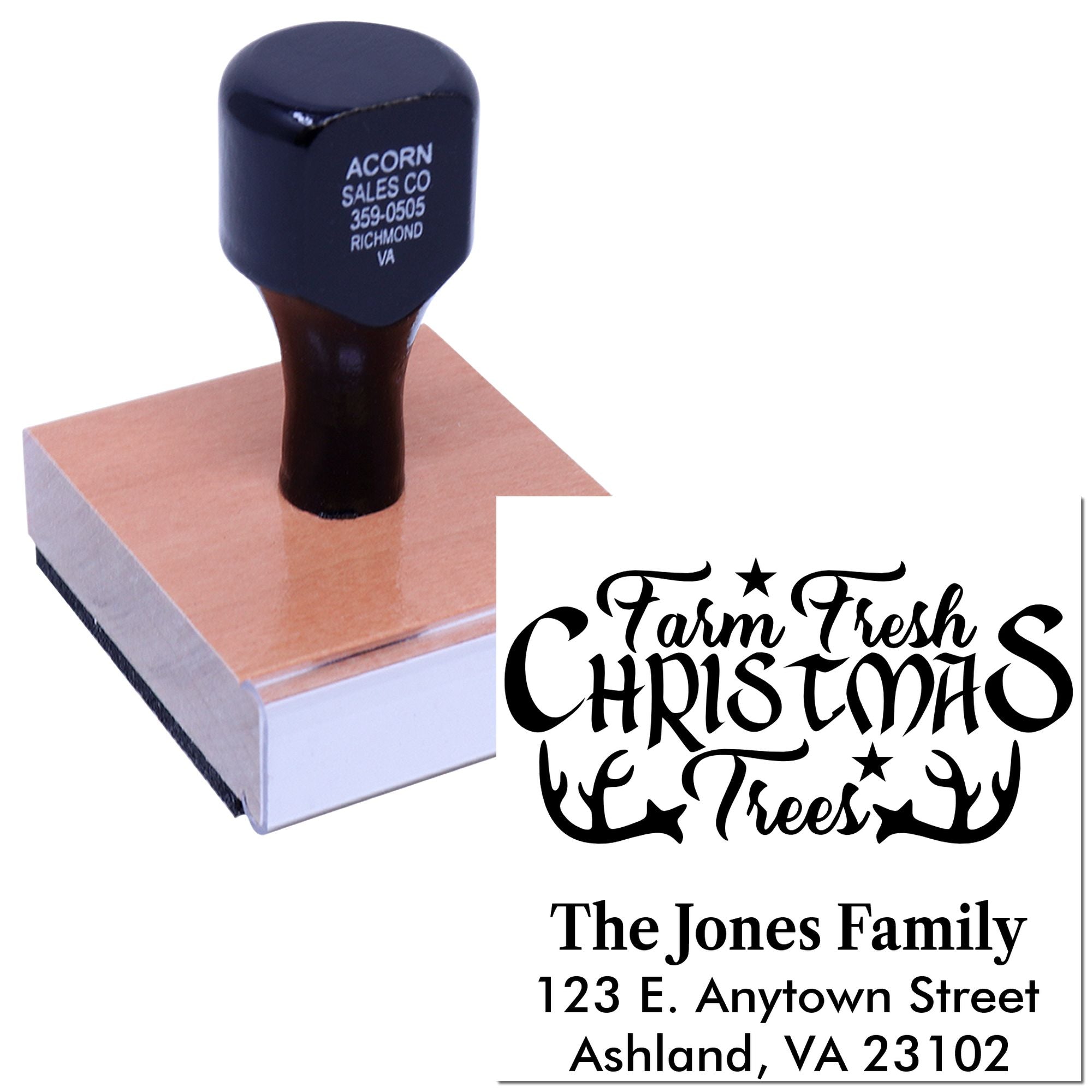 Custom rubber stamp for Farm Fresh Christmas Trees with family name and address for branded packaging and mailings.
