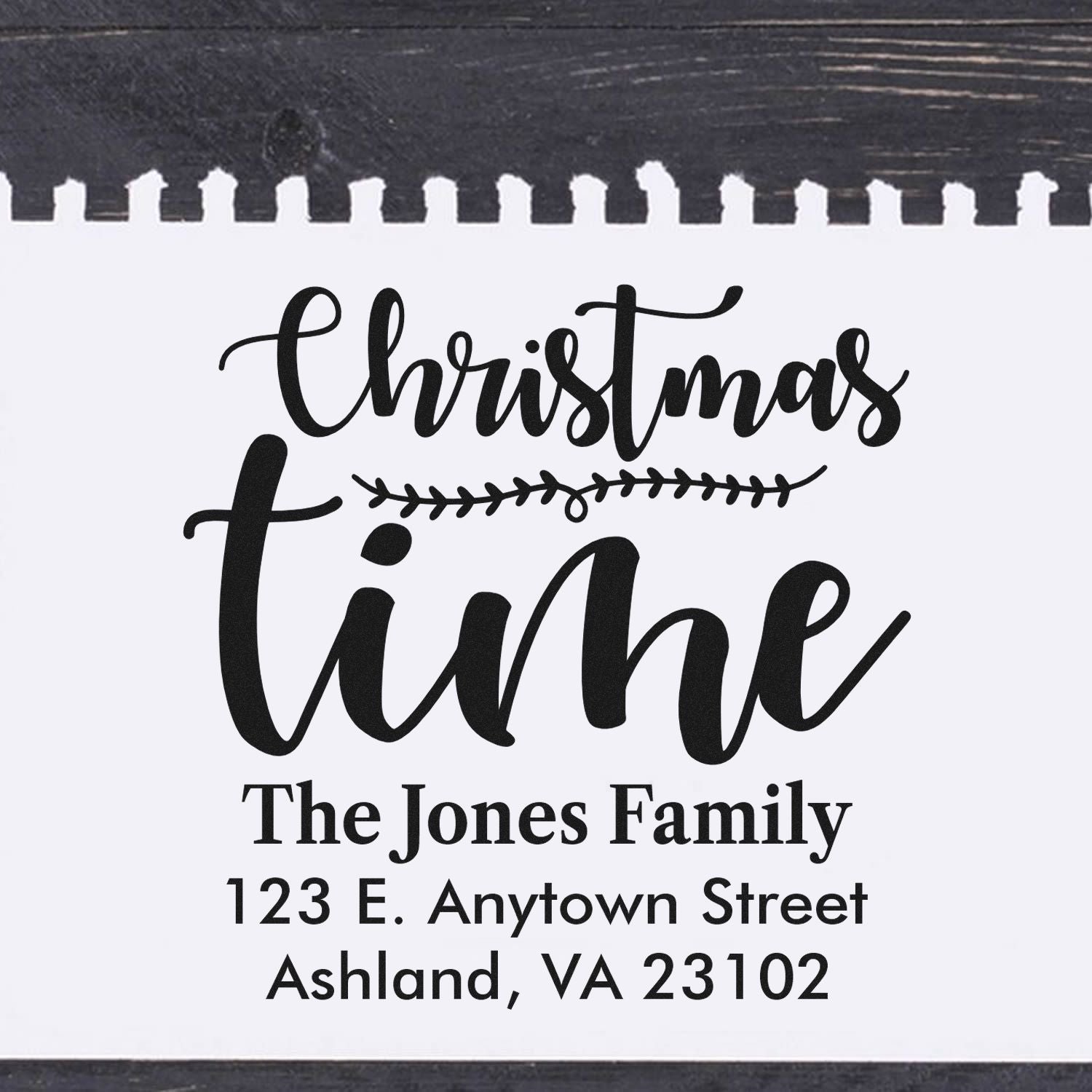 Custom Christmas Time return address rubber stamp with family name and address for holiday cards and mailings.