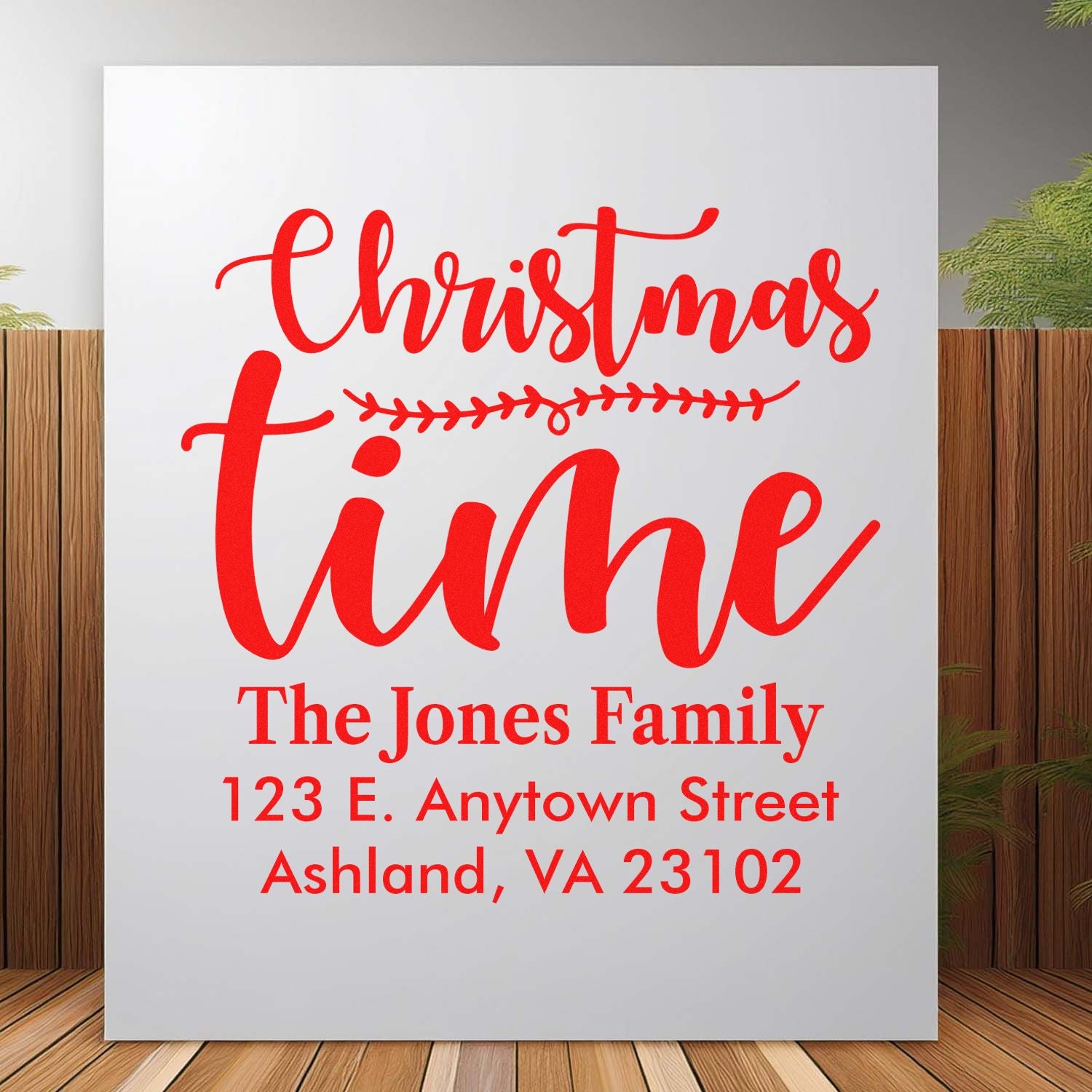 Custom Christmas address rubber stamp with Christmas time design for The Jones Family, Ashland, VA holiday cards.