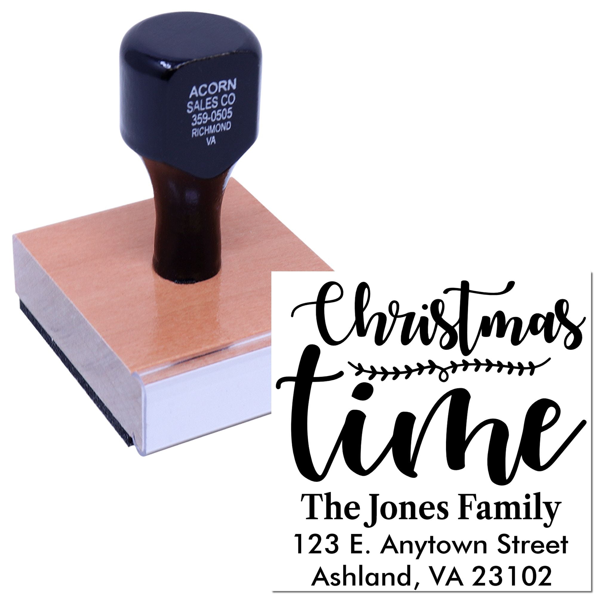 Custom Christmas rubber stamp with family return address, featuring festive script for holiday cards and mailing labels.