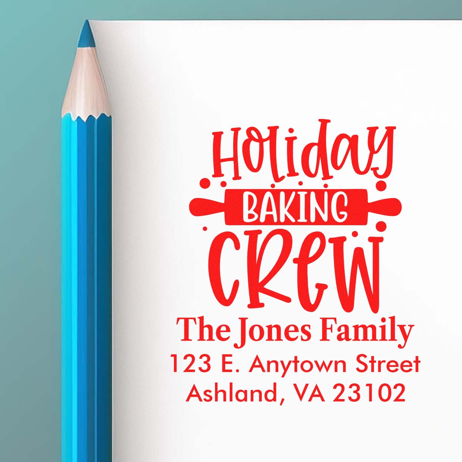 Custom Holiday Baking Crew rubber stamp for Jones Family personalized cards, gifts, and holiday baking packaging.