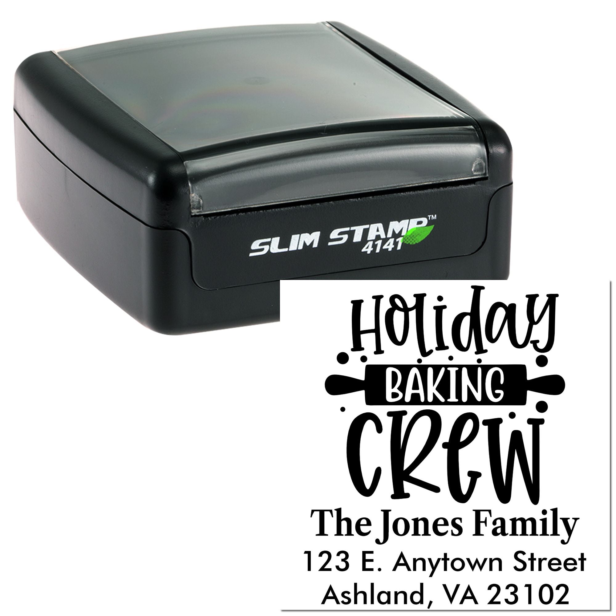 Personalized Holiday Baking Crew self-inking rubber stamp for The Jones Family, Ashland, VA address labeling.