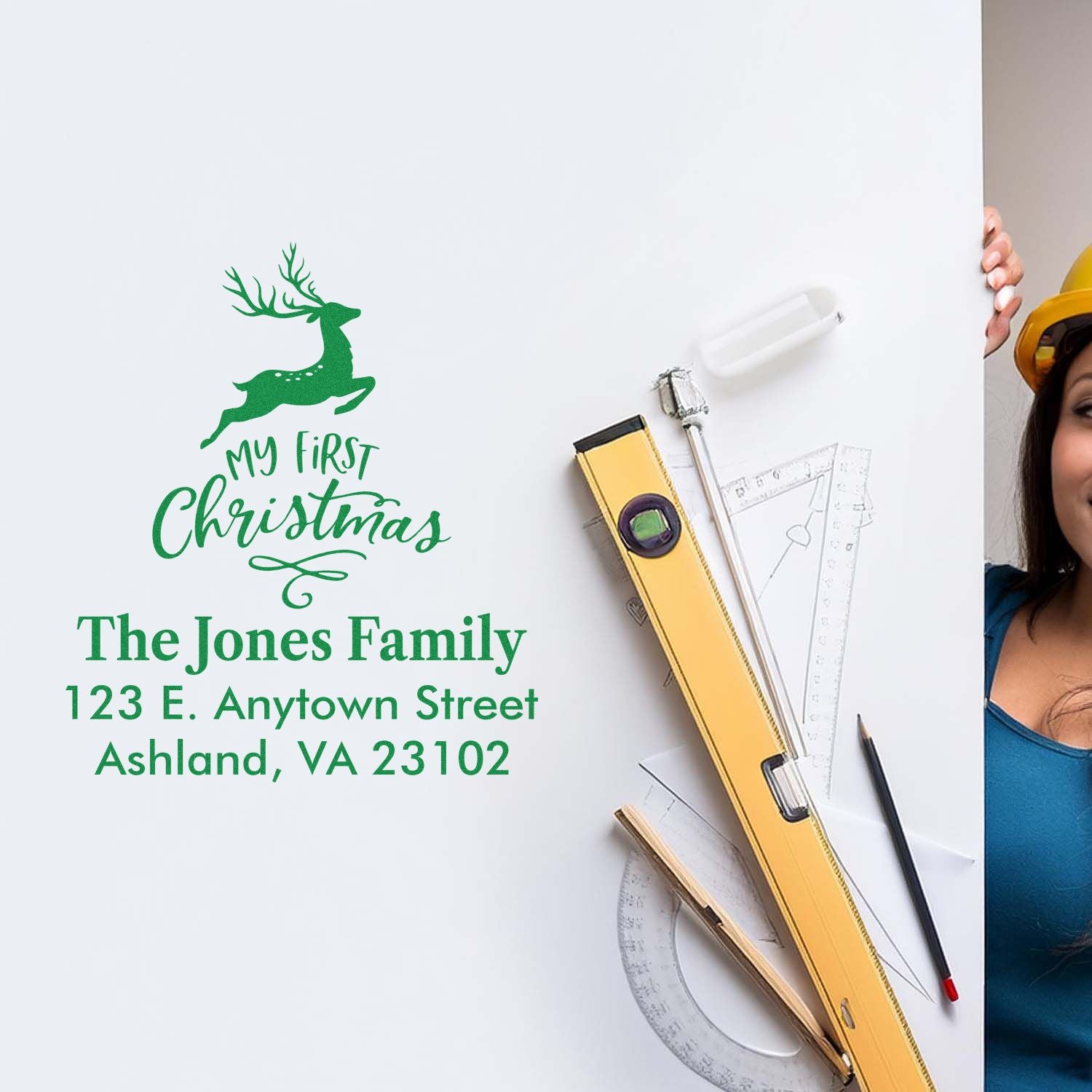 Custom My First Christmas rubber stamp with deer, family name and address for holiday cards, gifts, and seasonal packaging.