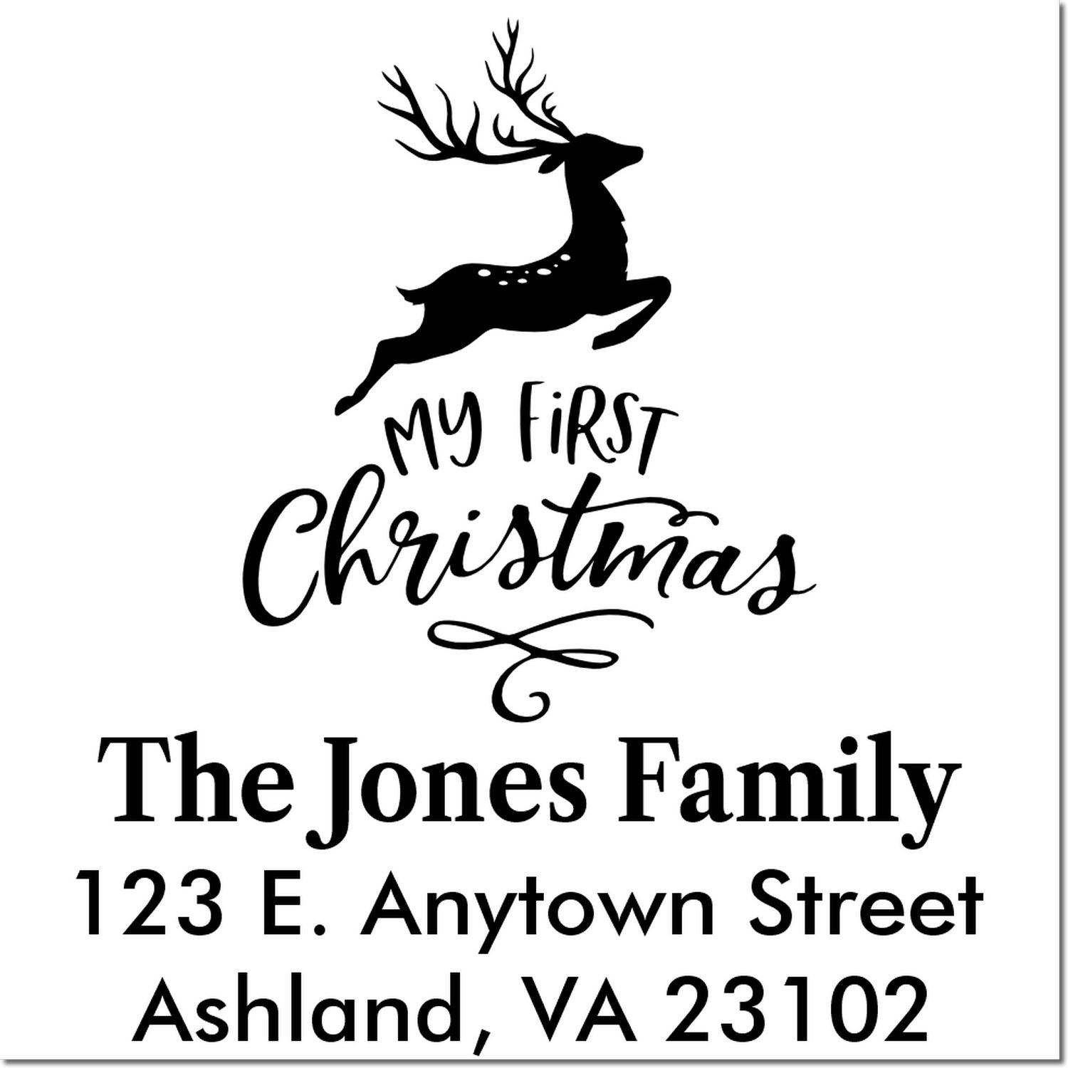 Custom holiday return address rubber stamp with deer silhouette and My First Christmas for The Jones Family.