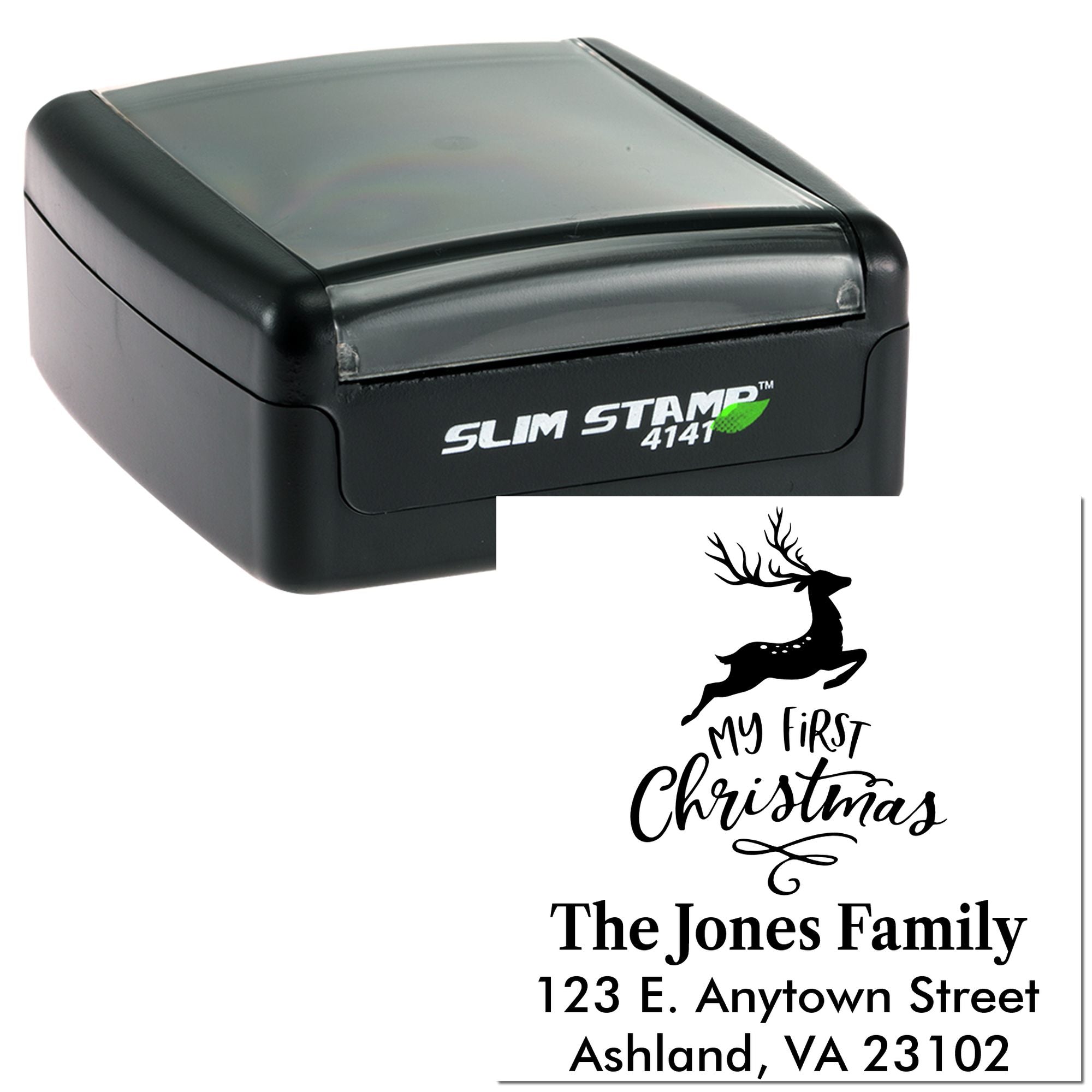 Custom self-inking rubber stamp with My First Christmas deer design and family return address for holiday card personalization.
