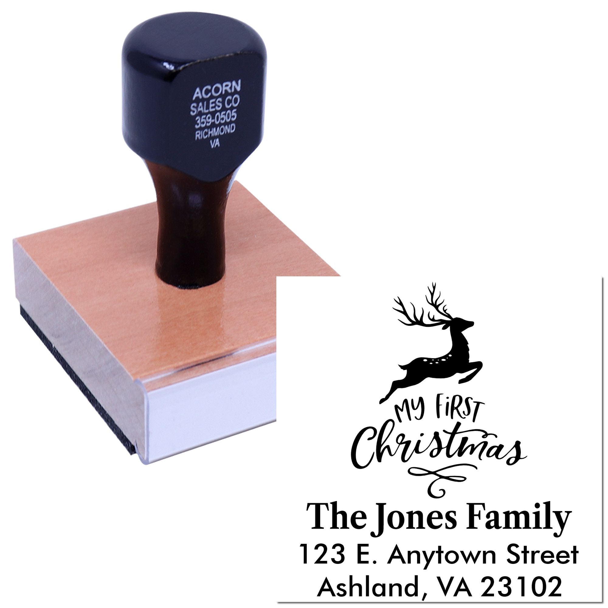 Personalized rubber stamp with My First Christmas deer design and family return address for holiday cards.