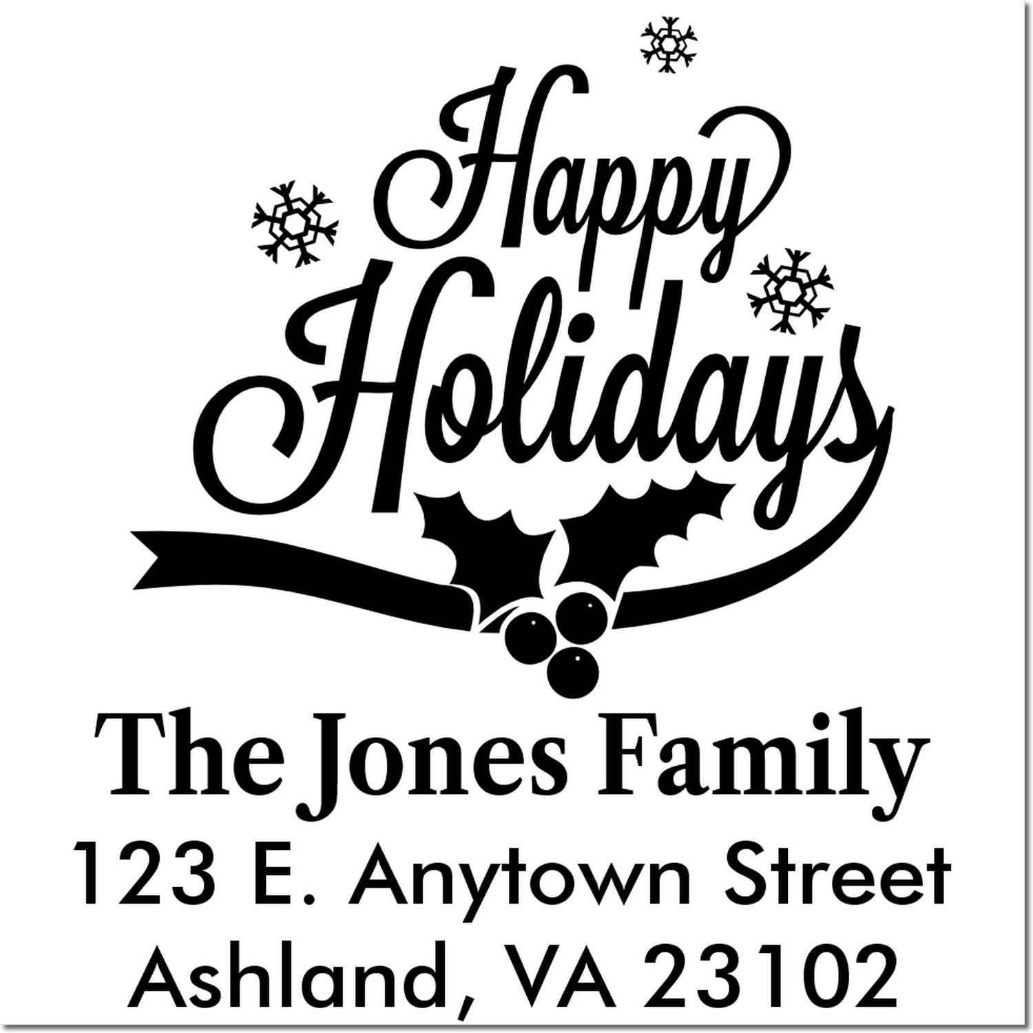 Custom Happy Holidays return address rubber stamp for Christmas cards, with The Jones Family and address.