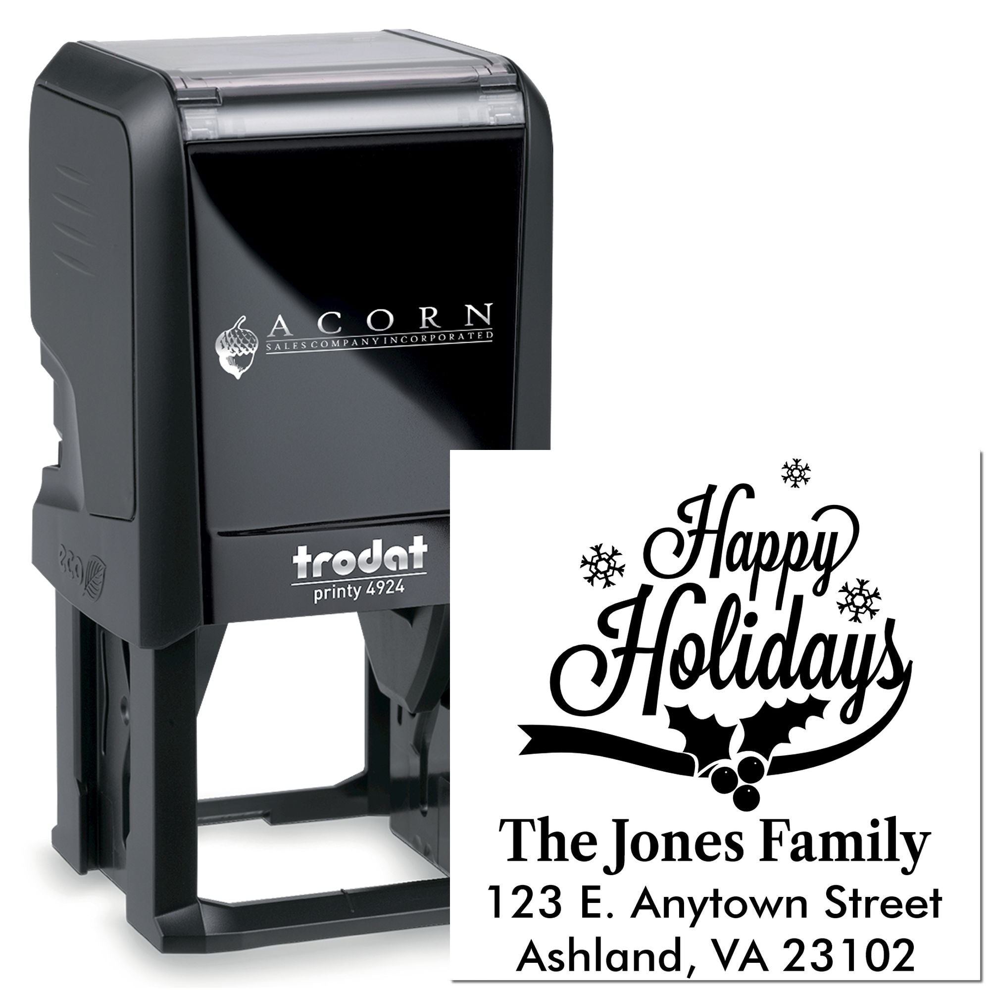 Trodat Printy 4924 personalized holiday return address rubber stamp with Happy Holidays design for The Jones Family.