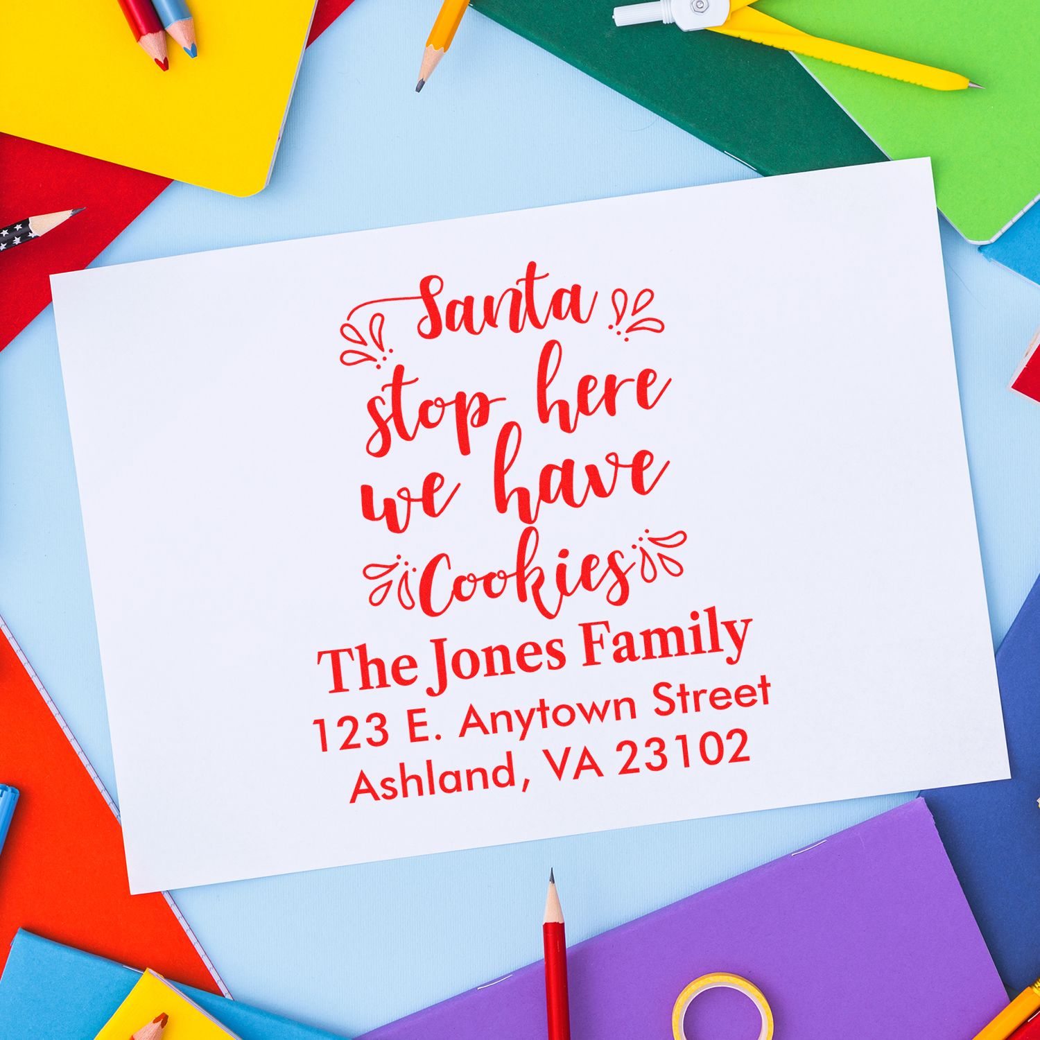 Custom Christmas rubber stamp with Santa stop here, we have cookies and personalized family address.
