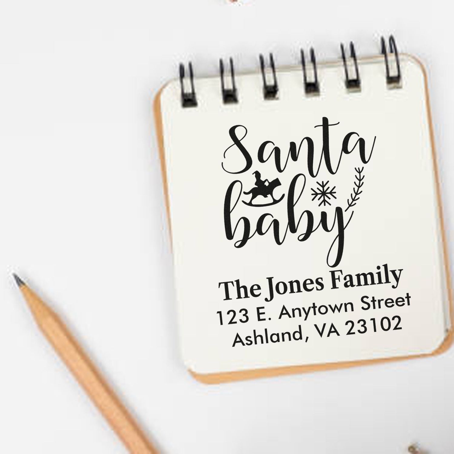 Personalized Santa baby rubber stamp with family name and address for holiday cards and mail