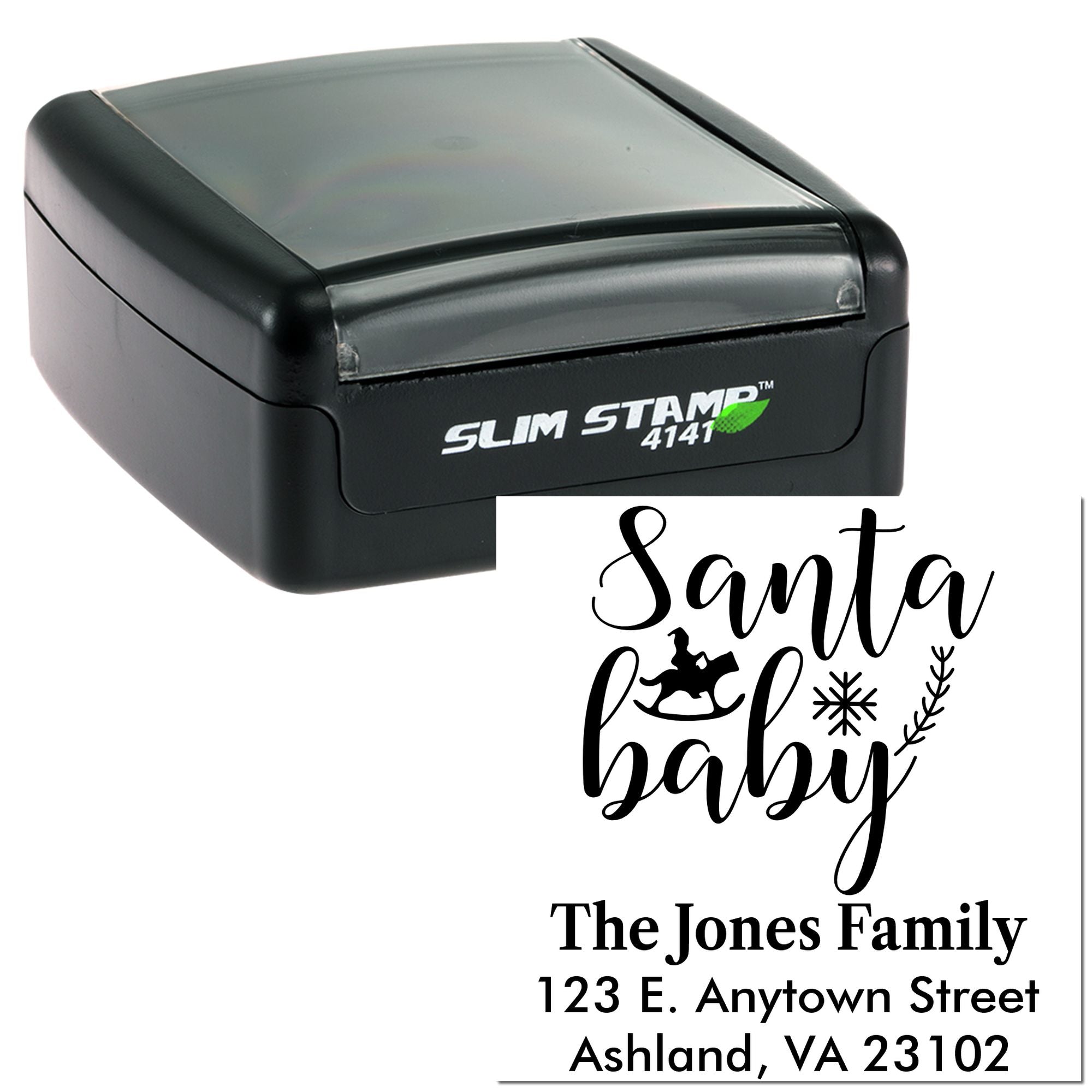 Personalized self-inking rubber stamp with Santa baby return address design for holiday cards and envelope labeling.