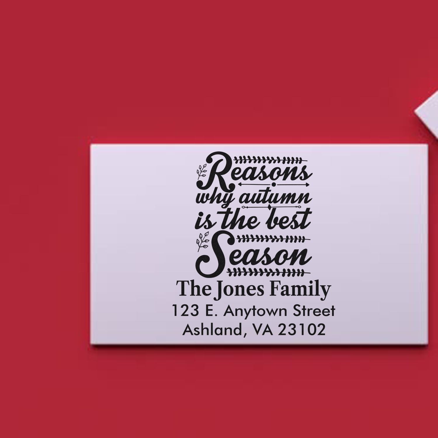 Custom rubber stamp with Reasons why autumn is the best season and The Jones Family address for fall stationery.