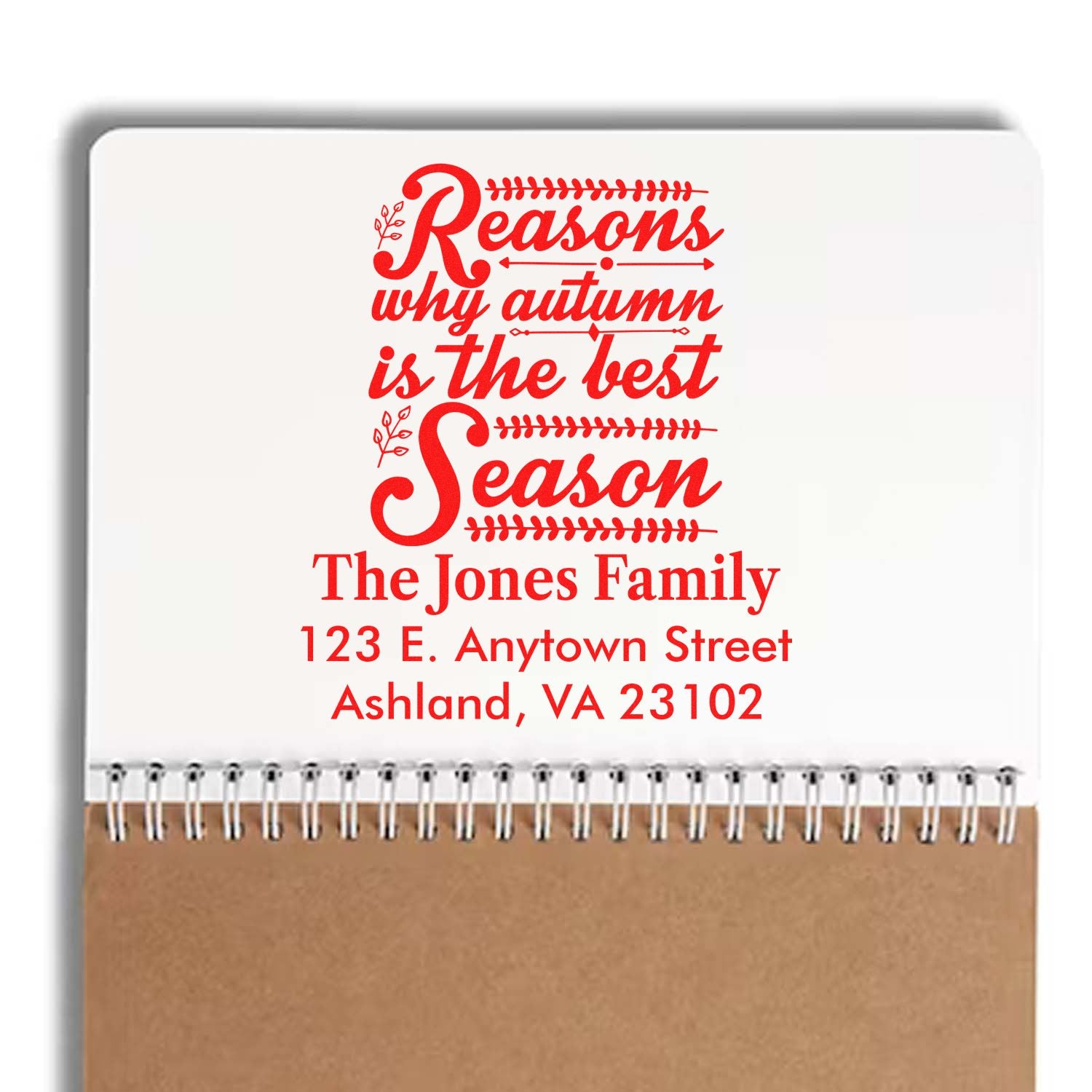 Personalized autumn rubber stamp design reading Reasons why autumn is the best season with family name and address.