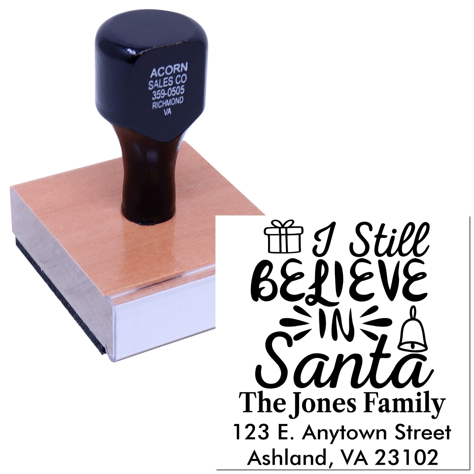 Custom Christmas rubber stamp with I Still Believe in Santa family return address design for holiday cards and gifts