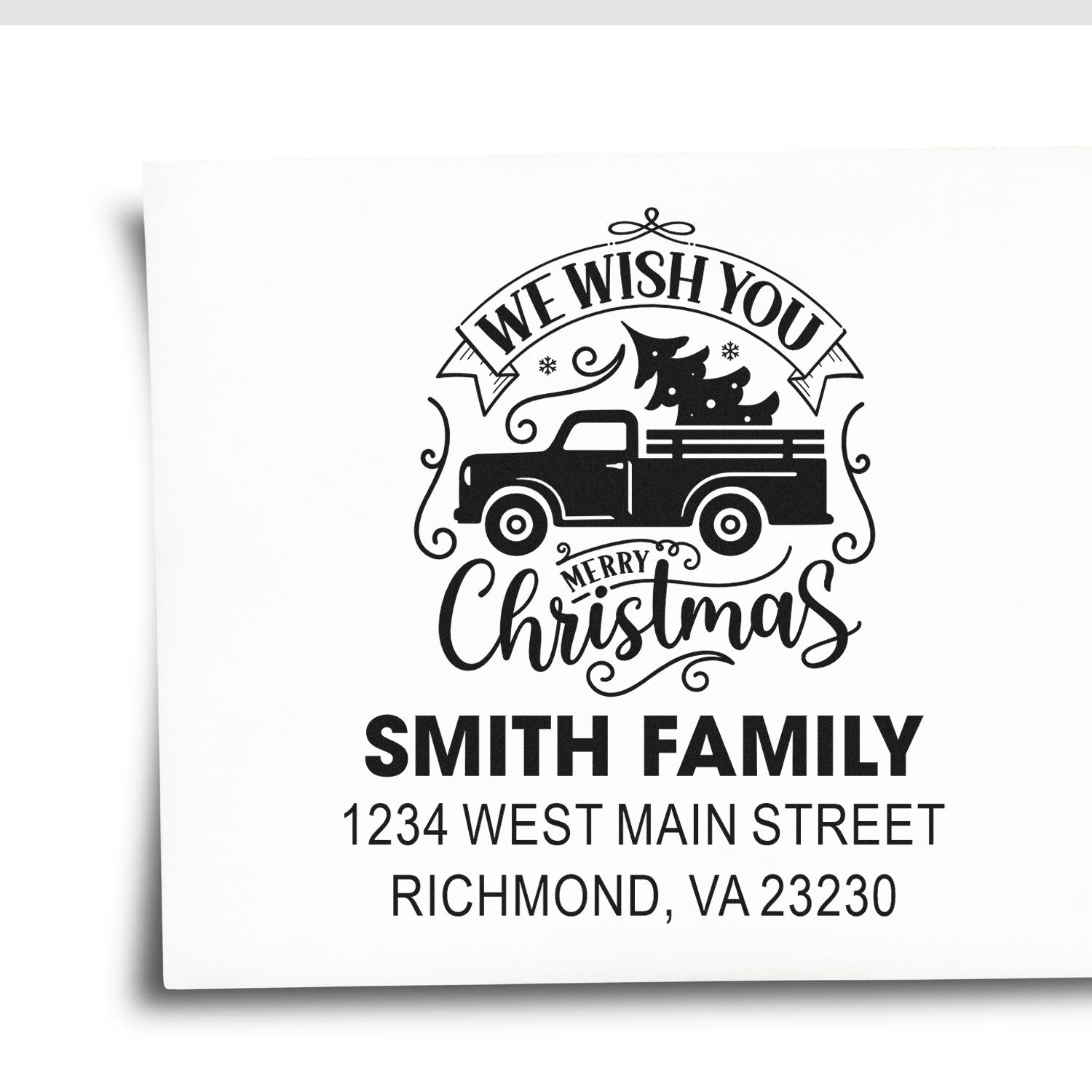 Personalized holiday address rubber stamp with vintage truck and tree, We Wish You Merry Christmas, Smith Family, Richmond VA