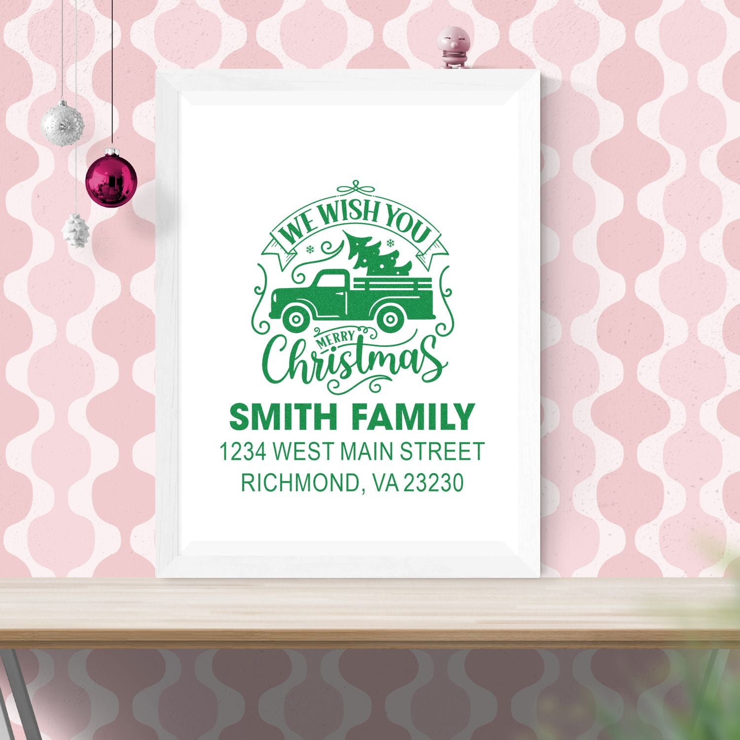 Custom Christmas rubber stamp return address for Smith Family, with truck and tree holiday design, Richmond, VA.