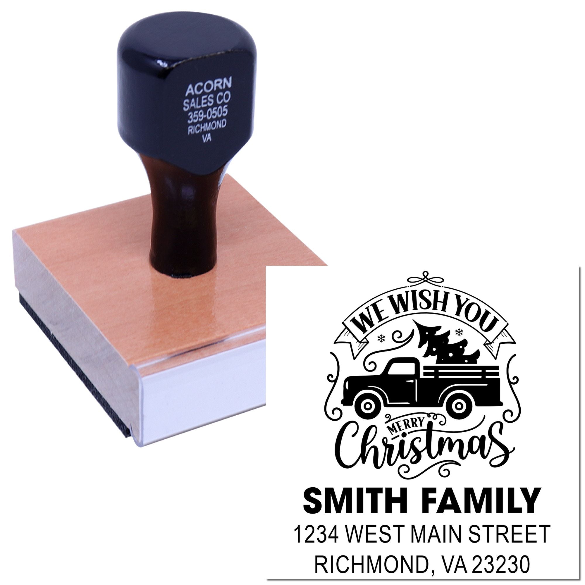 Custom wood-mounted rubber stamp for holiday return address, featuring Merry Christmas truck design and Smith Family address.