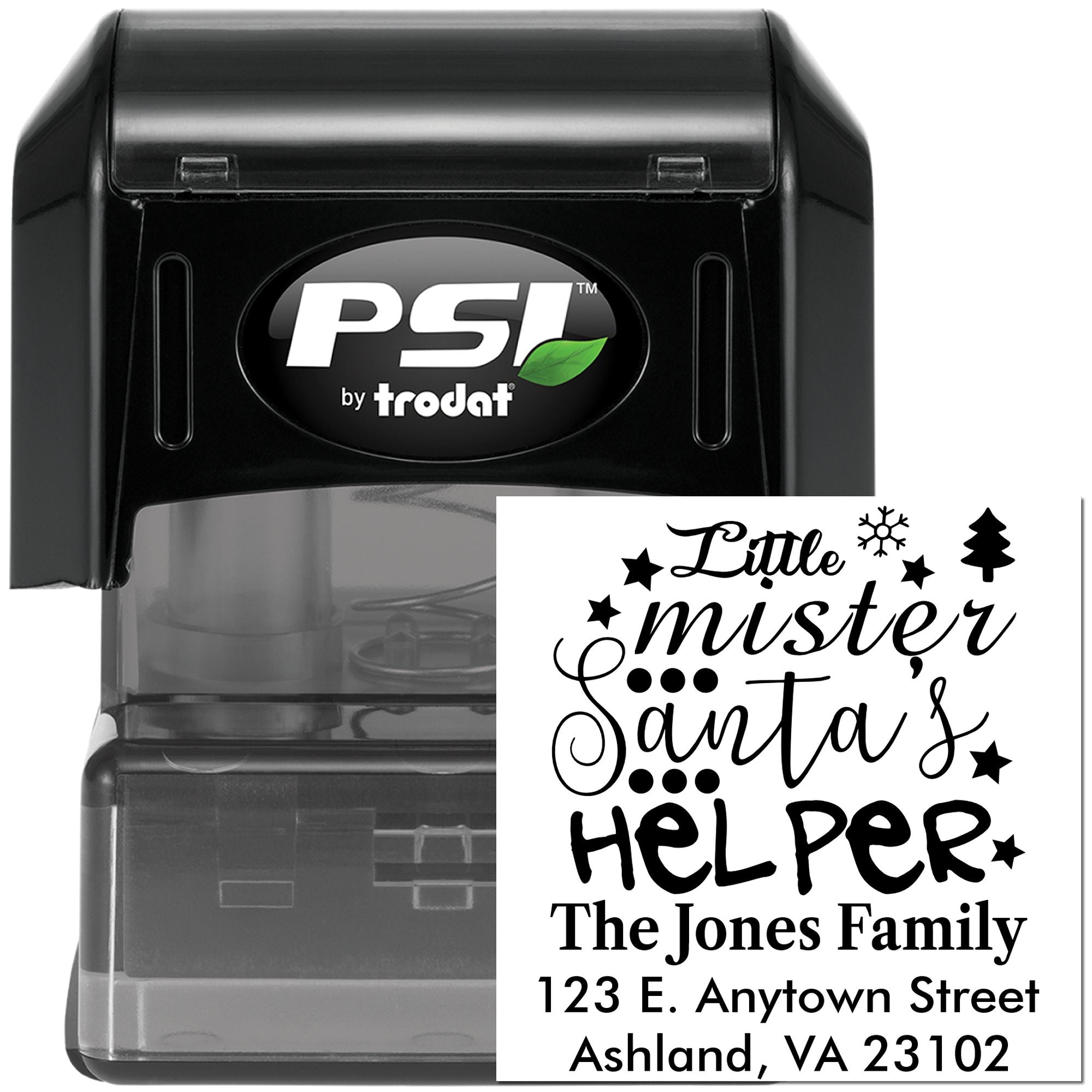 PSI by Trodat self-inking rubber stamp with custom holiday return address design: Little Mister Santas Helper, The Jones Family.