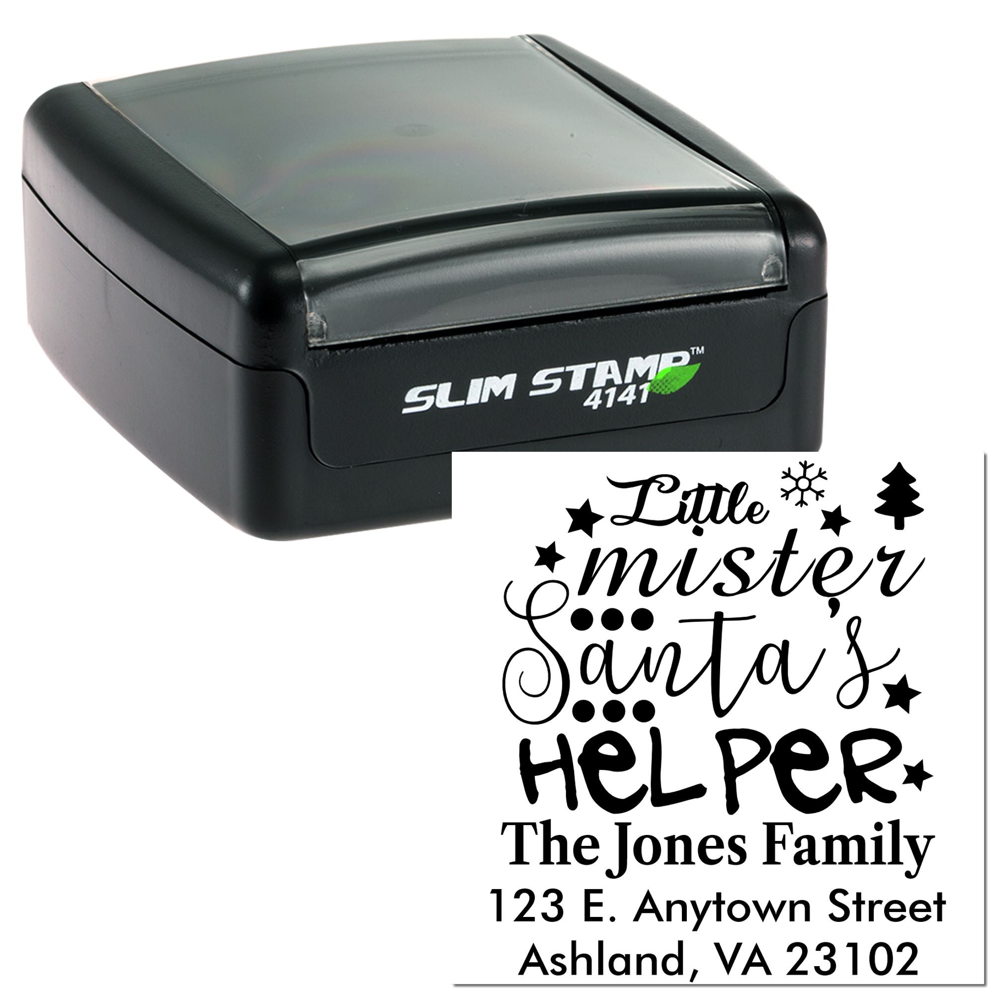 Custom self-inking rubber address stamp with holiday Little Mister Santas Helper family return address design.