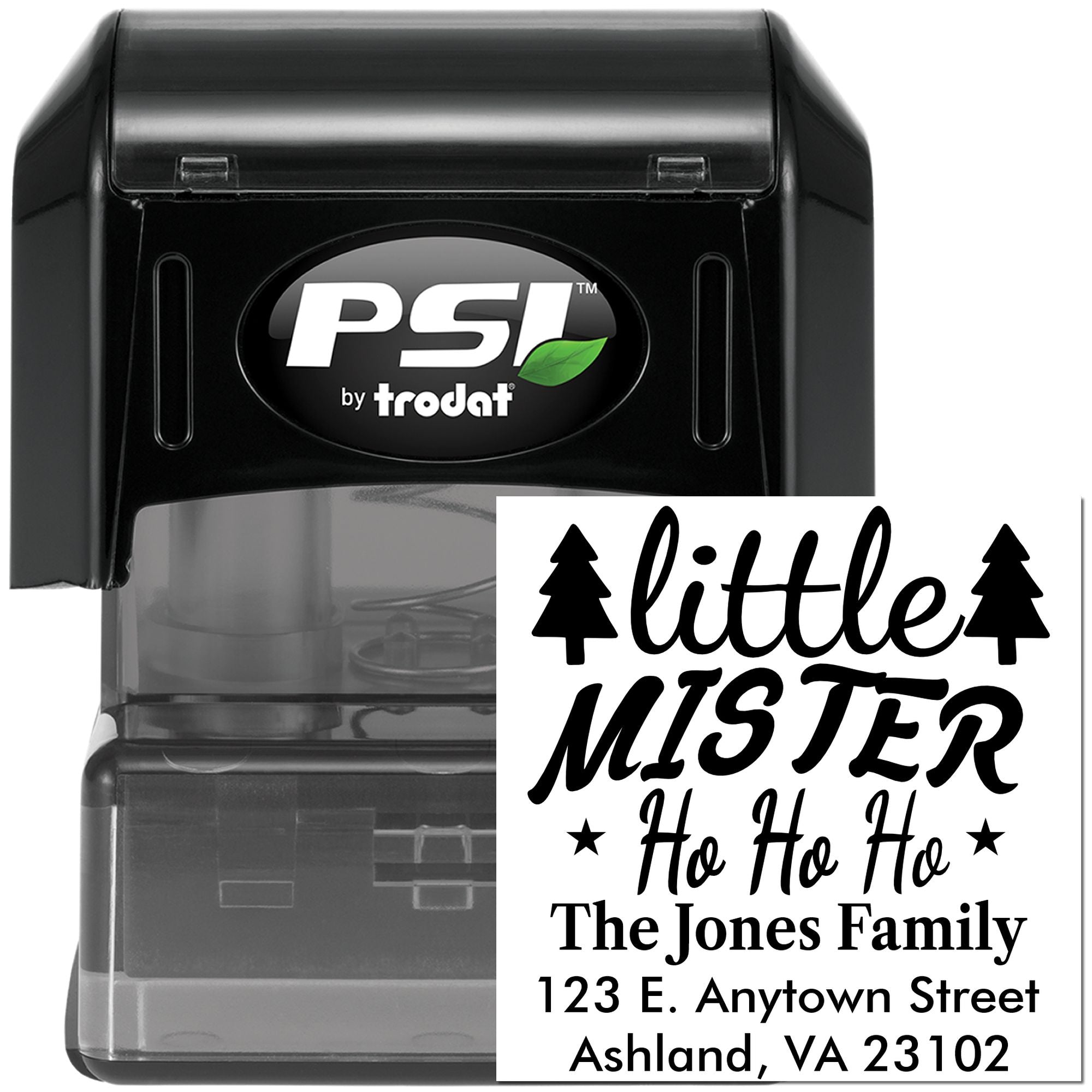 PSI by Trodat self-inking rubber stamp with personalized Christmas return address design for custom family mailing labels.