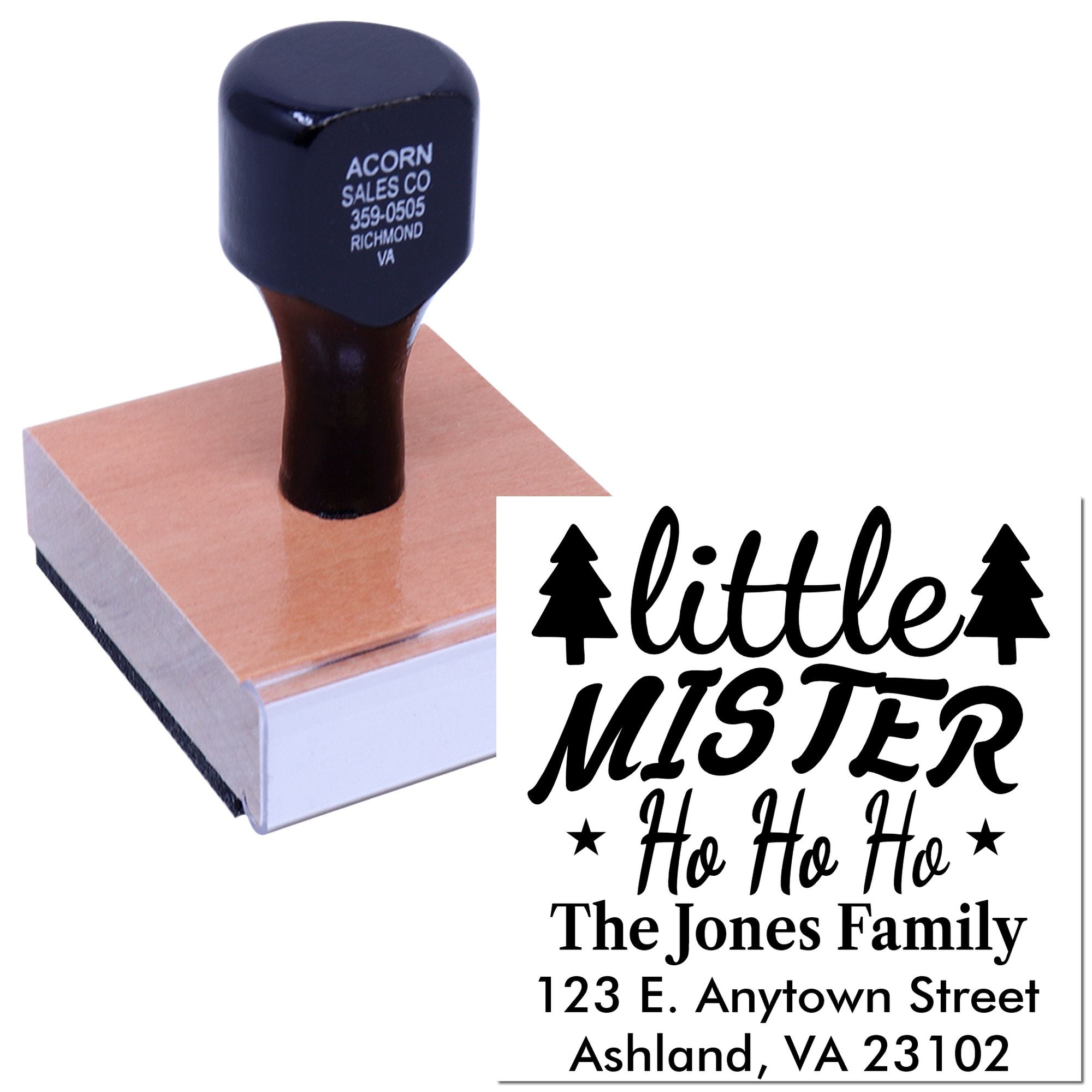 Custom return address rubber stamp with holiday Little Mister Ho Ho Ho design for Christmas cards and festive envelopes.