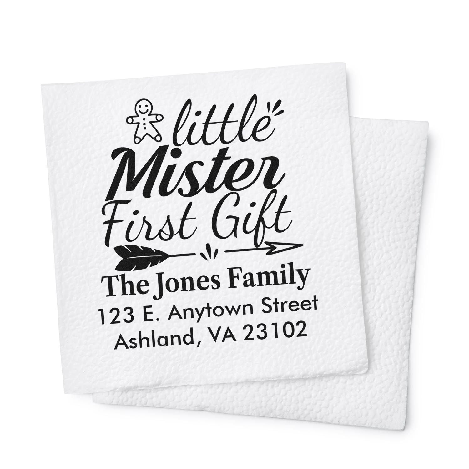 Personalized rubber stamp for baby gift with Little Mister First Gift and custom family return address.