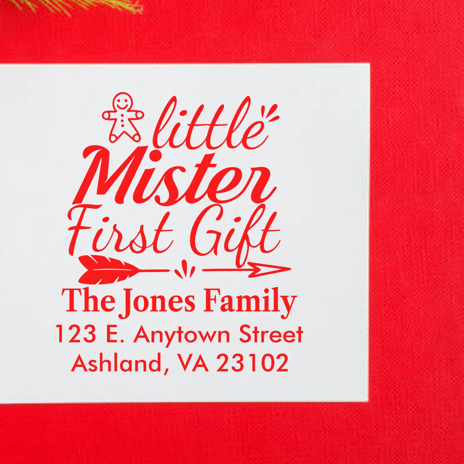 Custom personalized rubber stamp for a babys first gift, featuring Little Mister First Gift and family address.