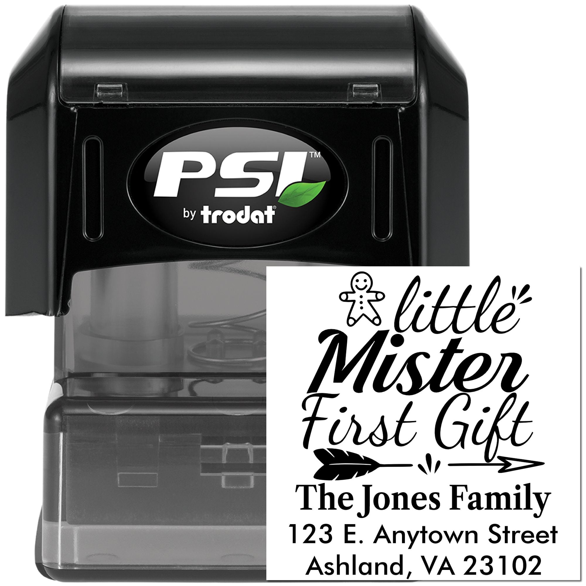 PSI by Trodat self-inking rubber stamp with custom Little Mister First Gift address design for baby gift packaging