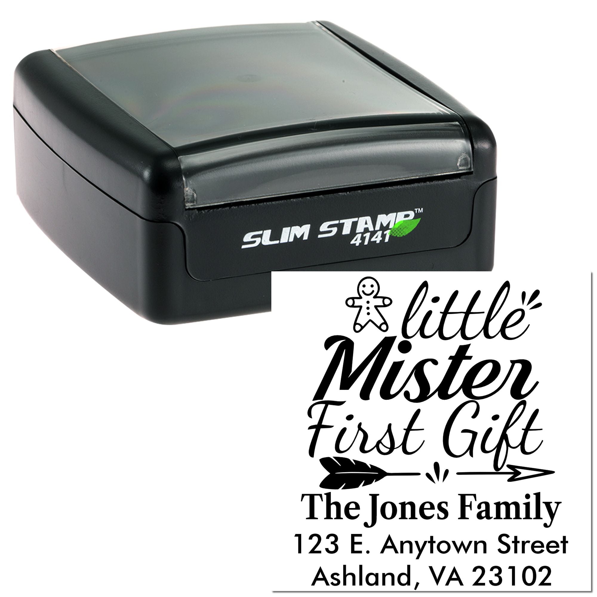 Custom self-inking rubber stamp for baby gift tags, with Little Mister First Gift design and family address.